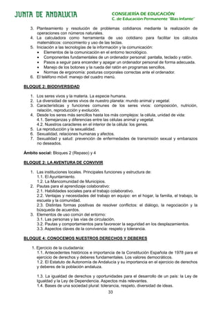 CONSEJERÍA DE EDUCACIÓN
                                                C. de Educación Permanente “Blas Infante”

   3. Planteamiento y resolución de problemas cotidianos mediante la realización de
      operaciones con números naturales.
   4. La calculadora como herramienta de uso cotidiano para facilitar los cálculos
      matemáticos: conocimiento y uso de las teclas.
   5. Iniciación a las tecnologías de la información y la comunicación:
      • Elementos de la comunicación en el entorno tecnológico.
      • Componentes fundamentales de un ordenador personal: pantalla, teclado y ratón.
      • Pasos a seguir para encender y apagar un ordenador personal de forma adecuada.
      • Manejo de los botones y la rueda del ratón en programas sencillos.
      • Normas de ergonomía: posturas corporales correctas ante el ordenador.
   6. El teléfono móvil: manejo del cuadro menú.

BLOQUE 2: BIODIVERSIDAD

   1. Los seres vivos y la materia. La especie humana.
   2. La diversidad de seres vivos de nuestro planeta: mundo animal y vegetal.
   3. Características y funciones comunes de los seres vivos: composición, nutrición,
      relación, reproducción y evolución.
   4. Desde los seres más sencillos hasta los más complejos: la célula, unidad de vida:
      4.1. Semejanzas y diferencias entre las células animal y vegetal.
      4.2. Nuestros caracteres en el interior de la célula: los genes.
   5. La reproducción y la sexualidad.
   6. Sexualidad, relaciones humanas y afectos.
   7. Sexualidad y salud: prevención de enfermedades de transmisión sexual y embarazos
      no deseados.

Ámbito social: Bloques 2 (Repaso) y 4

BLOQUE 2: LA AVENTURA DE CONVIVIR

   1. Las instituciones locales. Principales funciones y estructura de:
      1.1. El Ayuntamiento.
      1.2. La Mancomunidad de Municipios.
   2. Pautas para el aprendizaje colaborativo:
      2.1. Habilidades sociales para el trabajo colaborativo.
      2.2. Ventajas y necesidades del trabajo en equipo: en el hogar, la familia, el trabajo, la
      escuela y la comunidad.
      2.3. Distintas formas positivas de resolver conflictos: el diálogo, la negociación y la
      búsqueda de acuerdos.
   3. Elementos de uso común del entorno:
      3.1. Las personas y las vías de circulación.
      3.2. Pautas y comportamientos para favorecer la seguridad en los desplazamientos.
      3.3. Aspectos claves de la convivencia: respeto y tolerancia.

BLOQUE 4: CONOCEMOS NUESTROS DERECHOS Y DEBERES

    1. Ejercicio de la ciudadanía:
       1.1. Antecedentes históricos e importancia de la Constitución Española de 1978 para el
       ejercicio de derechos y deberes fundamentales. Los valores democráticos.
       1.2. El Estatuto de Autonomía de Andalucía y su importancia en el ejercicio de derechos
       y deberes de la población andaluza.

      1.3. La igualdad de derechos y oportunidades para el desarrollo de un país: la Ley de
      Igualdad y la Ley de Dependencia. Aspectos más relevantes.
      1.4. Bases de una sociedad plural: tolerancia, respeto, diversidad de ideas.
                                              33
 