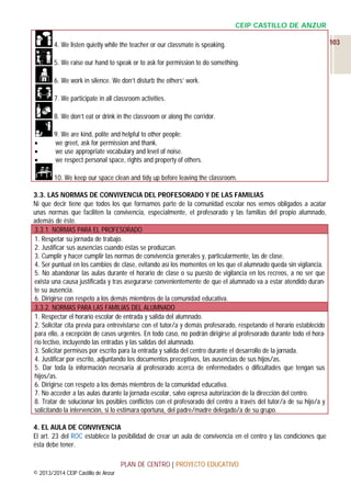 CEIP CASTILLO DE ANZUR
4. We listen quietly while the teacher or our classmate is speaking.
5. We raise our hand to speak or to ask for permission to do something.
6. We work in silence. We don’t disturb the others’ work.
7. We participate in all classroom activities.
8. We don’t eat or drink in the classroom or along the corridor.





9. We are kind, polite and helpful to other people:
we greet, ask for permission and thank.
we use appropriate vocabulary and level of noise.
we respect personal space, rights and property of others.
10. We keep our space clean and tidy up before leaving the classroom.

3.3. LAS NORMAS DE CONVIVENCIA DEL PROFESORADO Y DE LAS FAMILIAS
Ni que decir tiene que todos los que formamos parte de la comunidad escolar nos vemos obligados a acatar
unas normas que faciliten la convivencia, especialmente, el profesorado y las familias del propio alumnado,
además de éste.
3.3.1. NORMAS PARA EL PROFESORADO
1. Respetar su jornada de trabajo.
2. Justificar sus ausencias cuando éstas se produzcan.
3. Cumplir y hacer cumplir las normas de convivencia generales y, particularmente, las de clase.
4. Ser puntual en los cambios de clase, evitando así los momentos en los que el alumnado queda sin vigilancia.
5. No abandonar las aulas durante el horario de clase o su puesto de vigilancia en los recreos, a no ser que
exista una causa justificada y tras asegurarse convenientemente de que el alumnado va a estar atendido durante su ausencia.
6. Dirigirse con respeto a los demás miembros de la comunidad educativa.
3.3.2. NORMAS PARA LAS FAMILIAS DEL ALUMNADO
1. Respectar el horario escolar de entrada y salida del alumnado.
2. Solicitar cita previa para entrevistarse con el tutor/a y demás profesorado, respetando el horario establecido
para ello, a excepción de casos urgentes. En todo caso, no podrán dirigirse al profesorado durante todo el horario lectivo, incluyendo las entradas y las salidas del alumnado.
3. Solicitar permisos por escrito para la entrada y salida del centro durante el desarrollo de la jornada.
4. Justificar por escrito, adjuntando los documentos preceptivos, las ausencias de sus hijos/as.
5. Dar toda la información necesaria al profesorado acerca de enfermedades o dificultades que tengan sus
hijos/as.
6. Dirigirse con respeto a los demás miembros de la comunidad educativa.
7. No acceder a las aulas durante la jornada escolar, salvo expresa autorización de la dirección del centro.
8. Tratar de solucionar los posibles conflictos con el profesorado del centro a través del tutor/a de su hijo/a y
solicitando la intervención, si lo estimara oportuna, del padre/madre delegado/a de su grupo.
4. EL AULA DE CONVIVENCIA
El art. 23 del ROC establece la posibilidad de crear un aula de convivencia en el centro y las condiciones que
ésta debe tener.
PLAN DE CENTRO | PROYECTO EDUCATIVO
© 2013/2014 CEIP Castillo de Anzur

103

 