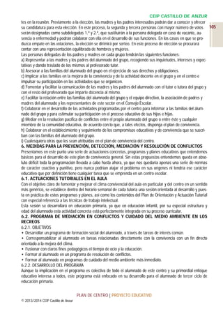 CEIP CASTILLO DE ANZUR
tes en la reunión. Previamente a la elección, las madres y los padres interesados podrán dar a conocer y ofrecer
su candidatura para esta elección. En este proceso, la segunda y tercera personas con mayor número de votos 105
serán designadas como subdelegadas 1.ª y 2.ª, que sustituirán a la persona delegada en caso de vacante, ausencia o enfermedad y podrán colaborar con ella en el desarrollo de sus funciones. En los casos en que se produzca empate en las votaciones, la elección se dirimirá por sorteo. En este proceso de elección se procurará
contar con una representación equilibrada de hombres y mujeres.
Las personas delegadas de los padres y madres en cada grupo tendrán las siguientes funciones:
a) Representar a las madres y los padres del alumnado del grupo, recogiendo sus inquietudes, intereses y expectativas y dando traslado de los mismos al profesorado tutor.
b) Asesorar a las familias del alumnado del grupo en el ejercicio de sus derechos y obligaciones.
c) Implicar a las familias en la mejora de la convivencia y de la actividad docente en el grupo y en el centro e
impulsar su participación en las actividades que se organicen.
d) Fomentar y facilitar la comunicación de las madres y los padres del alumnado con el tutor o tutora del grupo y
con el resto del profesorado que imparte docencia al mismo.
e) Facilitar la relación entre las familias del alumnado del grupo y el equipo directivo, la asociación de padres y
madres del alumnado y los representantes de este sector en el Consejo Escolar.
f) Colaborar en el desarrollo de las actividades programadas por el centro para informar a las familias del alumnado del grupo y para estimular su participación en el proceso educativo de sus hijos e hijas.
g) Mediar en la resolución pacífica de conflictos entre el propio alumnado del grupo o entre éste y cualquier
miembro de la comunidad educativa, de acuerdo con lo que, a tales efectos, disponga el plan de convivencia.
h) Colaborar en el establecimiento y seguimiento de los compromisos educativos y de convivencia que se suscriban con las familias del alumnado del grupo.
i) Cualesquiera otras que les sean atribuidas en el plan de convivencia del centro.
6. MEDIDAS PARA LA PREVENCIÓN, DETECCIÓN, MEDIACIÓN Y RESOLUCIÓN DE CONFLICTOS
Presentamos en este punto una serie de actuaciones concretas, programas y planes educativos que entendemos
básicos para el desarrollo de este plan de convivencia general. Sin estas propuestas entendemos queda en absoluto déficit toda la programación llevada a cabo hasta ahora, ya que nos quedaría apenas una serie de normas
de carácter coactivo y punitivo, pero nunca podrían atajar el problema en sus orígenes ni tendría ese carácter
educativo que por definición tiene cualquier tarea que se emprenda en un centro escolar.
6.1. ACTUACIONES TUTORIALES EN EL AULA
Con el objetivo claro de fomentar y mejorar el clima convivencial del aula en particular y del centro en un sentido
más genérico, se establece dentro del horario semanal de cada tutoría una sesión orientada al desarrollo y puesta en práctica de estos programas y planes, así como los contenidos del Plan de Orientación y Actuación Tutorial
con especial referencia a las técnicas de trabajo intelectual.
Esta sesión se desarrollará en educación primaria, ya que en educación infantil, por su especial estructura y
edad del alumnado esta actividad concreta está perfectamente integrada en su proceso curricular.
6.2. PROGRAMA DE MEDIACIÓN EN CONFLICTOS Y CUIDADO DEL MEDIO AMBIENTE EN LOS
RECREOS
6.2.1. OBJETIVOS
• Desarrollar un programa de formación social del alumnado, a través de tareas de interés común.
• Corresponsabilizar al alumnado en tareas relacionadas directamente con la convivencia con un fin directo
orientado a la mejora del clima.
• Fusionar con claros fines pedagógicos el tiempo de ocio y la educación.
• Formar al alumnado en un programa de resolución de conflictos.
• Formar al alumnado en programas de cuidado del medio ambiente más inmediato.
6.2.2. DESARROLLO DEL PROGRAMA
Aunque la implicación en el programa es colectiva de todo el alumnado de este centro y su primordial enfoque
educativo interesa a todos, este programa está enfocado en su desarrollo para el alumnado de tercer ciclo de
educación primaria.
PLAN DE CENTRO | PROYECTO EDUCATIVO
© 2013/2014 CEIP Castillo de Anzur

 