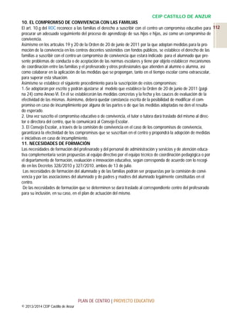 CEIP CASTILLO DE ANZUR
10. EL COMPROMISO DE CONVIVENCIA CON LAS FAMILIAS
El art. 10.g del ROC reconoce a las familias el derecho a suscribir con el centro un compromiso educativo para 112
procurar un adecuado seguimiento del proceso de aprendizaje de sus hijos e hijas, así como un compromiso de
convivencia.
Asimismo en los artículos 19 y 20 de la Orden de 20 de junio de 2011 por la que adoptan medidas para la promoción de la convivencia en los centros docentes sostenidos con fondos públicos, se establece el derecho de las
familias a suscribir con el centro un compromiso de convivencia que estará indicado para el alumnado que presente problemas de conducta o de aceptación de las normas escolares y tiene por objeto establecer mecanismos
de coordinación entre las familias y el profesorado y otros profesionales que atienden al alumno o alumna, así
como colaborar en la aplicación de las medidas que se propongan, tanto en el tiempo escolar como extraescolar,
para superar esta situación.
Asimismo se establece el siguiente procedimiento para la suscripción de estos compromisos:
1.-Se adoptarán por escrito y podrán ajustarse al modelo que establece la Orden de 20 de junio de 2011 (página 24) como Anexo VI. En él se establecerán las medidas concretas y la fecha y los cauces de evaluación de la
efectividad de las mismas. Asimismo, deberá quedar constancia escrita de la posibilidad de modificar el compromiso en caso de incumplimiento por alguna de las partes o de que las medidas adoptadas no den el resultado esperado.
2. Una vez suscrito el compromiso educativo o de convivencia, el tutor o tutora dará traslado del mismo al director o directora del centro, que lo comunicará al Consejo Escolar.
3. El Consejo Escolar, a través de la comisión de convivencia en el caso de los compromisos de convivencia,
garantizará la efectividad de los compromisos que se suscriban en el centro y propondrá la adopción de medidas
e iniciativas en caso de incumplimiento.
11. NECESIDADES DE FORMACIÓN
Las necesidades de formación del profesorado y del personal de administración y servicios y de atención educativa complementaria serán propuestas al equipo directivo por el equipo técnico de coordinación pedagógica o por
el departamento de formación, evaluación e innovación educativa, según corresponda de acuerdo con lo recogido en los Decretos 328/2010 y 327/2010, ambos de 13 de julio.
Las necesidades de formación del alumnado y de las familias podrán ser propuestas por la comisión de convivencia y por las asociaciones del alumnado y de padres y madres del alumnado legalmente constituidas en el
centro.
De las necesidades de formación que se determinen se dará traslado al correspondiente centro del profesorado
para su inclusión, en su caso, en el plan de actuación del mismo.

PLAN DE CENTRO | PROYECTO EDUCATIVO
© 2013/2014 CEIP Castillo de Anzur

 
