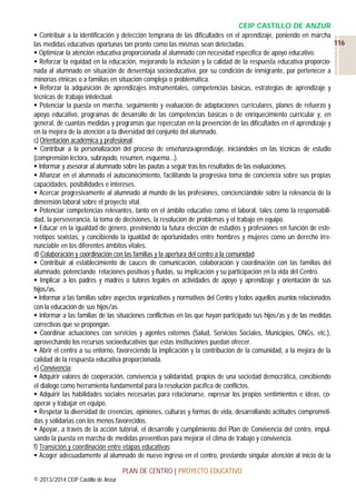 CEIP CASTILLO DE ANZUR
 Contribuir a la identificación y detección temprana de las dificultades en el aprendizaje, poniendo en marcha
116
las medidas educativas oportunas tan pronto como las mismas sean detectadas.
 Optimizar la atención educativa proporcionada al alumnado con necesidad específica de apoyo educativo.
 Reforzar la equidad en la educación, mejorando la inclusión y la calidad de la respuesta educativa proporcionada al alumnado en situación de desventaja socioeducativa, por su condición de inmigrante, por pertenecer a
minorías étnicas o a familias en situación compleja o problemática.
 Reforzar la adquisición de aprendizajes instrumentales, competencias básicas, estrategias de aprendizaje y
técnicas de trabajo intelectual.
 Potenciar la puesta en marcha, seguimiento y evaluación de adaptaciones curriculares, planes de refuerzo y
apoyo educativo, programas de desarrollo de las competencias básicas o de enriquecimiento curricular y, en
general, de cuantas medidas y programas que repercutan en la prevención de las dificultades en el aprendizaje y
en la mejora de la atención a la diversidad del conjunto del alumnado.
c) Orientación académica y profesional:
 Contribuir a la personalización del proceso de enseñanza-aprendizaje, iniciándoles en las técnicas de estudio
(comprensión lectora, subrayado, resumen, esquema…).
 Informar y asesorar al alumnado sobre las pautas a seguir tras los resultados de las evaluaciones.
 Afianzar en el alumnado el autoconocimiento, facilitando la progresiva toma de conciencia sobre sus propias
capacidades, posibilidades e intereses.
 Acercar progresivamente al alumnado al mundo de las profesiones, concienciándole sobre la relevancia de la
dimensión laboral sobre el proyecto vital.
 Potenciar competencias relevantes, tanto en el ámbito educativo como el laboral, tales como la responsabilidad, la perseverancia, la toma de decisiones, la resolución de problemas y el trabajo en equipo.
 Educar en la igualdad de género, previniendo la futura elección de estudios y profesiones en función de estereotipos sexistas, y concibiendo la igualdad de oportunidades entre hombres y mujeres como un derecho irrenunciable en los diferentes ámbitos vitales.
d) Colaboración y coordinación con las familias y la apertura del centro a la comunidad:
 Contribuir al establecimiento de cauces de comunicación, colaboración y coordinación con las familias del
alumnado, potenciando relaciones positivas y fluidas, su implicación y su participación en la vida del Centro.
 Implicar a los padres y madres o tutores legales en actividades de apoyo y aprendizaje y orientación de sus
hijos/as.
 Informar a las familias sobre aspectos organizativos y normativos del Centro y todos aquellos asuntos relacionados
con la educación de sus hijos/as.
 Informar a las familias de las situaciones conflictivas en las que hayan participado sus hijos/as y de las medidas
correctivas que se propongan.
 Coordinar actuaciones con servicios y agentes externos (Salud, Servicios Sociales, Municipios, ONGs, etc.),
aprovechando los recursos socioeducativos que estas instituciones puedan ofrecer.
 Abrir el centro a su entorno, favoreciendo la implicación y la contribución de la comunidad, a la mejora de la
calidad de la respuesta educativa proporcionada.
e) Convivencia:
 Adquirir valores de cooperación, convivencia y solidaridad, propios de una sociedad democrática, concibiendo
el diálogo como herramienta fundamental para la resolución pacífica de conflictos.
 Adquirir las habilidades sociales necesarias para relacionarse, expresar los propios sentimientos e ideas, cooperar y trabajar en equipo.
 Respetar la diversidad de creencias, opiniones, culturas y formas de vida, desarrollando actitudes comprometidas y solidarias con los menos favorecidos.
 Apoyar, a través de la acción tutorial, el desarrollo y cumplimiento del Plan de Convivencia del centro, impulsando la puesta en marcha de medidas preventivas para mejorar el clima de trabajo y convivencia.
f) Transición y coordinación entre etapas educativas:
 Acoger adecuadamente al alumnado de nuevo ingreso en el centro, prestando singular atención al inicio de la
PLAN DE CENTRO | PROYECTO EDUCATIVO
© 2013/2014 CEIP Castillo de Anzur

 