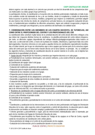 CEIP CASTILLO DE ANZUR
deberá seguirse con cada alumno/a en concreto que presente un nivel de desarrollo de las competencias bási129
cas inadecuado a su edad y grupo al que pertenezca.
La participación efectiva, la coordinación y el acuerdo entre los distintos profesionales implicados en todo el proceso evolutivo escolar del alumnado de nee y de sus familias, desde la recopilación y estudio de documentos
hasta la puesta en práctica de técnicas, medidas y programas que mejoren su rendimiento y permitan adquirir
de una manera más efectiva los niveles de competencia curricular básicos y la consiguiente evaluación del proceso, es fundamental para rentabilizar las diferentes actuaciones, lograr una evidente recuperación y mejora de
rendimientos y conseguir una integración y acceso auténticos del alumnado a la realidad social.
7. COORDINACIÓN ENTRE LOS MIEMBROS DE LOS EQUIPOS DOCENTES, DE TUTORES/AS, ASÍ
COMO ENTRE EL PROFESORADO DEL CENTRO Y LOS PROFESIONALES DEL EOE
La coordinación debe constituir el pilar básico de la actividad docente del centro desde diferentes enfoques a los
que deben dar respuesta distintas formas de coordinarse. La plantilla profesional del centro deberá integrarse,
por tanto, en diferentes equipos dependiendo del enfoque didáctico-pedagógico-organizativo deba tratarse en
cada caso. La dirección del centro, a través de la jefatura de estudios, dinamizará y supervisará toda esta actividad organizativa. Hacemos referencia en este punto a aquellas formas de coordinación especialmente incardinadas a la labor tutorial, por lo que no relacionamos aquí a otros equipos que forman parte de la estructura organizativa del centro pero que no tienen tanta relación directa con la tarea tutorial, en principio. Así, se establecen
las siguientes formas y momentos de coordinación docente de carácter tutorial en el centro, con el objetivo fundamental de la operatividad y la eficacia:
1. Equipo docente integrado por los maestros y maestras que imparten docencia a en cada grupo.
a) Periodicidad de las reuniones: bimensuales, con carácter ordinario, y una sesión al final de cada período evaluativo (sesión de evaluación).
b) Coordinación del equipo: tutor/a del grupo.
c) Contenido de las reuniones:
 Evolución del rendimiento académico del alumnado.
 Propuestas para la mejora del rendimiento académico.
 Valoración de las relaciones sociales en el grupo.
 Propuestas para la mejora de la convivencia.
 Desarrollo y seguimiento de las adaptaciones curriculares.
 Desarrollo y seguimiento de otras medidas de atención a la diversidad.
 Evaluación del alumnado.
A estas reuniones acudirá, cuando les sea posible y, en todo caso, a las de evaluación, el profesorado de las
aulas de apoyo a la integración que intervengan directamente en el alumnado del grupo, así como el/la orientador/a de referencia del EOE, si se estima necesaria su presencia.
2. Reuniones de coordinación entre el equipo directivo del centro y el orientador/a de referencia del EOE
a) Periodicidad de las reuniones: tendrán carácter trimestral, con carácter ordinario, además de una al iniciarse
el curso y otra al finalizar el período escolar.
b) Contenido de las reuniones:
 Procedimientos generales y periodicidad de la intervención en el centro del orientador u orientadora de referencia.
 Coordinación y canalización de las intervenciones en el centro de otros profesionales del Equipo de Orientación
Educativa de la zona, sobre aspectos como el seguimiento y control del absentismo, la educación para la salud,
la intervención con familias en situación compleja y problemática o los problemas de convivencia.
 Criterios generales y procedimiento a seguir, para las intervenciones individualizadas sobre el alumnado, por
parte de los miembros del Equipo de Orientación Educativa de zona.
 Procedimientos para incardinar los Planes Anuales de Trabajo de los equipos en el Plan de Centro, especificando los mecanismos de Coordinación entre ambos planes.
 Áreas prioritarias de trabajo en el centro de los profesionales de los equipos.
 Evaluación de la intervención y de la coordinación durante el curso escolar.
PLAN DE CENTRO | PROYECTO EDUCATIVO
© 2013/2014 CEIP Castillo de Anzur

 