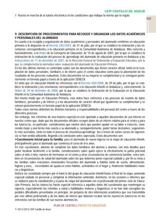 CEIP CASTILLO DE ANZUR
7. Puesta en marcha de la tutoría electrónica en las condiciones que indique la norma que la regula.
131

9. DESCRIPCIÓN DE PROCEDIMIENTOS PARA RECOGER Y ORGANIZAR LOS DATOS ACADÉMICOS
Y PERSONALES DEL ALUMNADO
En cuanto a la recogida y organización de datos académicos y personales del alumnado remitimos en educación
primaria a lo dispuesto en el Decreto 230/2007, de 31 de julio, por el que se establece la ordenación y las enseñanzas correspondientes a la educación primaria en la Comunidad Autónoma de Andalucía. Más concreta y
funcionalmente, a la Orden de la Consejería de Educación, de 10 de agosto de 2007, por la que se establece la
ordenación de la evaluación del proceso de aprendizaje del alumnado de educación primaria en Andalucía y las
Instrucciones de 17 de diciembre de 2007, de la Dirección General de Ordenación y Evaluación Educativa, por la
que se complementa la normativa sobre evaluación del alumnado de Educación Primaria.
En las dos últimas normas se contempla cuáles son los documentos que tienen carácter oficial, tanto en la recopilación de datos personales, familiares o de interés para el centro educativo como para la plasmación de los
resultados de los procesos evaluativos. Estos documentos en su mayoría se cumplimentan y se consiguen posteriormente en formato papel a través de la aplicación SÉNECA.
En tanto que en educación infantil las referencias son el Decreto 428/2008, de 29 de julio, por el que se establece la ordenación y las enseñanzas correspondientes a la educación infantil en Andalucía y, concretamente, la
Orden de 29 de diciembre de 2008, por la que se establece la Ordenación de la Evaluación en la Educación
Infantil en la Comunidad Autónoma de Andalucía.
Del mismo modo que en Educación Primaria, esta orden hace referencia a los procesos de reunión de datos
familiares, personales y de interés y a los documentos de carácter oficial que igualmente se cumplimentan y se
extraen posteriormente en formato papel de la aplicación SÉNECA.
Todas estas normas delimitan las distintas funciones y responsabilidades del personal del centro a través de los
diferentes procesos.
Sin embargo, nos referimos de una manera especial en este apartado a aquellos documentos de uso interno en
nuestro centro que, dado que los documentos oficiales recogen datos de un interés relativo para el centro y para
los tutores/as, en particular, consideramos que existen otros que pueden ayudar en su labor a éstos/as, conociendo mejor y una forma más exacta a su alumnado y, consiguientemente, poder tomar decisiones, seguramente más acertadas, tanto en todo el proceso de enseñanza-aprendizaje. Así a través de varios cursos de experiencia se han venido utilizando, llegando a la conclusión antes expresada. Estos documentos son:
Cuestionario inicial para la familia, para el alumnado de nuevo ingreso en la etapa de educación infantil,
principalmente para el alumnado que comienza el curso de tres años.
En este cuestionario, además de completar los datos familiares del alumno o alumna, con más detalles para
poder localizar fácilmente a la familia, consideraciones sobre quién ejerce la efectivamente la patria potestad
sobre el niño o niña, número de hermanos en el centro y otras circunstancias de convivencia familiar, entra también en circunstancias de salud del alumnado sobre las que debemos poner especial cuidado y, por fin se insta a
las familias sobre reacciones emocionales frecuentes del alumnado y hábitos tanto de sueño, alimentación,
higiene y aseo,… necesidades de ayuda en estos hábitos, actividades en el hogar y, finalmente habilidades motoras y lingüísticas.
Deberá ser custodiado siempre por el tutor/a del grupo de educación infantil hasta el final de la etapa, poniendo
especial cuidado en preservar y completar la información contenida. Asimismo, en las sesiones e informes que
se elaboren para la coordinación y el paso de etapa del alumnado con el profesorado del primer ciclo de Educación Primaria, los/as tutores/as harán especial referencia a aquellos datos del cuestionario que mantengan su
vigencia, especialmente los referidos a salud y habilidades motoras y lingüísticas si no han sido corregidas las
posibles dificultades presentadas en principio, sin perjuicio de otra información académica que sea transmitida
por este último profesorado y de los datos de interés que deberán recabar los/as nuevos/as tutores/as en las
entrevistas con las familias de sus nuevos alumnos/as.
PLAN DE CENTRO | PROYECTO EDUCATIVO
© 2013/2014 CEIP Castillo de Anzur

 