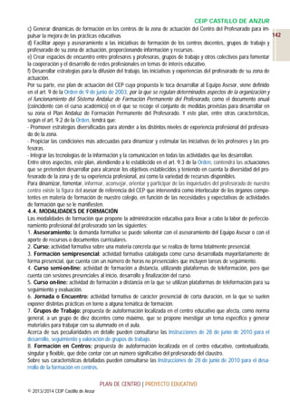 CEIP CASTILLO DE ANZUR
c) Generar dinámicas de formación en los centros de la zona de actuación del Centro del Profesorado para im142
pulsar la mejora de las prácticas educativas
d) Facilitar apoyo y asesoramiento a las iniciativas de formación de los centros docentes, grupos de trabajo y
profesorado de su zona de actuación, proporcionando información y recursos.
e) Crear espacios de encuentro entre profesores y profesoras, grupos de trabajo y otros colectivos para fomentar
la cooperación y el desarrollo de redes profesionales en temas de interés educativo.
f) Desarrollar estrategias para la difusión del trabajo, las iniciativas y experiencias del profesorado de su zona de
actuación.
Por su parte, ese plan de actuación del CEP cuya propuesta le toca desarrollar al Equipo Asesor, viene definido
en el art. 9 de la Orden de 9 de junio de 2003, por la que se regulan determinados aspectos de la organización y
el funcionamiento del Sistema Andaluz de Formación Permanente del Profesorado, como el documento anual
(coincidente con el curso académico) en el que se recoge el conjunto de medidas previstas para desarrollar en
su zona el Plan Andaluz de Formación Permanente del Profesorado. Y este plan, entre otras características,
según el art. 9.2 de la Orden, tendrá que:
- Promover estrategias diversificadas para atender a los distintos niveles de experiencia profesional del profesorado de la zona.
- Propiciar las condiciones más adecuadas para dinamizar y estimular las iniciativas de los profesores y las profesoras.
- Integrar las tecnologías de la información y la comunicación en todas las actividades que los desarrollan.
Entre otros aspectos, este plan, atendiendo a lo establecido en el art. 9.3 de la Orden, contendrá las actuaciones
que se pretenden desarrollar para alcanzar los objetivos establecidos y teniendo en cuenta la diversidad del profesorado de la zona y de su experiencia profesional, así como la variedad de recursos disponibles.
Para dinamizar, fomentar, informar, aconsejar, orientar y participar de las inquietudes del profesorado de nuestro
centro existe la figura del asesor de referencia del CEP que intervendrá como interlocutor de los órganos competentes en materia de formación de nuestro colegio, en función de las necesidades y expectativas de actividades
de formación que se le manifiesten.
4.4. MODALIDADES DE FORMACIÓN
Las modalidades de formación que propone la administración educativa para llevar a cabo la labor de perfeccionamiento profesional del profesorado son las siguientes:
1. Asesoramiento: la demanda formativa se puede solventar con el asesoramiento del Equipo Asesor o con el
aporte de recursos o documentos curriculares.
2. Curso: actividad formativa sobre una materia concreta que se realiza de forma totalmente presencial.
3. Formación semipresencial: actividad formativa catalogada como curso desarrollada mayoritariamente de
forma presencial, que cuenta con un número de horas no presenciales que incluyen tareas de seguimiento.
4. Curso semi-on-line: actividad de formación a distancia, utilizando plataformas de teleformación, pero que
cuenta con sesiones presenciales al inicio, desarrollo y finalización del curso.
5. Curso on-line: actividad de formación a distancia en la que se utilizan plataformas de teleformación para su
seguimiento y evaluación.
6. Jornada o Encuentro: actividad formativa de carácter presencial de corta duración, en la que se suelen
exponer distintas prácticas en torno a alguna temática de formación.
7. Grupos de Trabajo: propuesta de autoformación localizada en el centro educativo que afecta, como norma
general, a un grupo de diez docentes como máximo, que se propone investigar un tema específico y generar
materiales para trabajar con su alumnado en el aula.
Acerca de sus peculiaridades en detalle pueden consultarse las Instrucciones de 28 de junio de 2010 para el
desarrollo, seguimiento y valoración de grupos de trabajo.
8. Formación en Centros: propuesta de autoformación localizada en el centro educativo, contextualizada,
singular y flexible, que debe contar con un número significativo del profesorado del claustro.
Sobre sus características detalladas pueden consultarse las Instrucciones de 28 de junio de 2010 para el desarrollo de la formación en centros.
PLAN DE CENTRO | PROYECTO EDUCATIVO
© 2013/2014 CEIP Castillo de Anzur

 