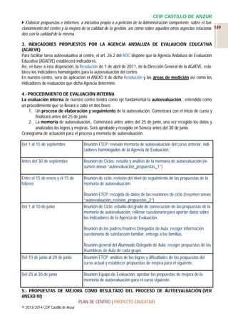 CEIP CASTILLO DE ANZUR
 Elaborar propuestas e informes, a iniciativa propia o a petición de la Administración competente, sobre el funcionamiento del centro y la mejora de la calidad de la gestión, así como sobre aquellos otros aspectos relaciona- 149
dos con la calidad de la misma.
3. INDICADORES PROPUESTOS POR LA AGENCIA ANDALUZA DE EVALAUCIÓN EDUCATIVA
(AGAEVE)
Para facilitar tarea autoevaluativa al centro, el art. 26.2 del ROC dispone que la Agencia Andaluza de Evaluación
Educativa (AGAEVE) establecerá indicadores.
Así, en base a esta disposición, la Resolución de 1 de abril de 2011, de la Dirección General de la AGAEVE, establece los indicadores homologados para la autoevaluación del centro.
En nuestro centro, será de aplicación el ANEXO II de dicha Resolución y las áreas de medición así como los
indicadores de evaluación que dicha Agencia determine.
4.- PROCEDIMIENTO DE EVALUACIÓN INTERNA
La evaluación interna de nuestro centro tendrá como eje fundamental la autoevaluación, entendido como
un procedimiento que se llevará a cabo en dos fases:
1. Un proceso de elaboración y seguimiento de la autoevalución. Comenzará con el inicio de curso y
finalizará antes del 25 de junio.
2. La memoria de autoevaluación.. Comenzará antes antes del 25 de junio, una vez recogido los datos y
analizados los logros y mejoras. Será aprobado y recogido en Séneca antes del 30 de junio.
Cronograma de actuación para el proceso y memoria de autoevaluación.
Del 1 al 15 de septiembre

Reunión ETCP: revisión memoria de autoevaluación del curso anterior, indicadores homologados de la Agencia de Evaluación.

Antes del 30 de septiembre

Reunión de Ciclos: estudio y análisis de la memoria de autoevaluación (resumen anexo “autoevaluación_propuestas_1”)

Entre el 15 de enero y el 15 de
febrero

Reunión de ciclo: revisión del nivel de seguimiento de las propuestas de la
memoria de autoevaluación.

Del 1 al 10 de junio

Reunión ETCP: recogida de datos de las reuniones de ciclo (resumen anexo
“autoevalaución_revisión_propuestas_2”)
Reunión de Ciclo: estudio del grado de consecución de las propuestas de la
memoria de autoevaluación, rellenar cuestionario para aportar datos sobre
los indicadores de la Agencia de Evaluación.
Reunión de los padres/madres Delegados de Aula: recoger información
cuestionario de satisfacción familiar, entrega a las familias.

Del 10 de junio al 20 de junio

Del 20 al 30 de junio

Reunión general del Alumnado Delegado de Aula: recoger propuestas de las
Asambleas de Aula de cada grupo.
Reunión ETCP: análisis de los logros y dificultades de las propuestas del
curso actual y establecer propuestas de mejora para el siguiente.
Reunión Equipo de Evaluación: aprobar las propuestas de mejora de la
memoria de autoevaluación para el curso siguiente.

5.- PROPUESTAS DE MEJORA COMO RESULTADO DEL PROCESO DE AUTOEVALUACIÓN.(VER
ANEXO III)
PLAN DE CENTRO | PROYECTO EDUCATIVO
© 2013/2014 CEIP Castillo de Anzur

 