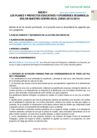 CEIP CASTILLO DE ANZUR

ANEXO I
Volver sumario PROYECTO EDUCATIVO
LOS PLANES Y PROYECTOS EDUCATIVOS Y EFEMÉRIDES DESARROLLADOS EN NUESTRO CENTRO EN EL CURSO 2013/2014
Además de los de carácter permanente, en el presente curso se desarrollarán los siguientes planes y programas:
 PLAN DE FOMENTO Y TRATAMIENTO DE LA LECTURA (VER ANEXO VII)
 ALIMENTACIÓN SALUDABLE.
http://www.ced.juntadeandalucia.es/nav/contenido.jsp?pag=/Contenidos/OEE/planesyprogramas/PROGRAMASEDUCAT
IVOS/PROGRAMAS_HABITOS_DE_VIDA_SALUDABLE/ALIMENTACION_SALUDABLE

 APRENDE A SONREÍR.
http://averroes.ced.juntadeandalucia.es/impe/web/contenido?pag=/contenidos/B/InnovacionEInvestigacion/ProyectosInn
ovadores/EscuelaSaludable/Seccion/Aprende_a_sonreir/aprende_a_sonreir

 PLAN DE ACOMPAÑAMIENTO.
INSTRUCCIONES de 19 de marzo de 2007, de la Dirección General de Participación y Solidaridad en la Educación, por
las que se regula la organización del Programa de Acompañamiento Escolar en los centros educativos públicos.

3. CRITERIOS DE ACTUACIÓN COMUNES PARA LOS COORDINADORES/AS DE TODOS LOS PLANES Y PROGRAMAS
1. Los coordinadores/as serán nombrados/as anualmente, a principio de cada curso, salvo indicación contraria
de la normativa particular de cada uno de ellos.
2. Las funciones que asuman serán las determinadas por las correspondientes regulaciones de la administración
educativa.
3. A principio de curso, tras su nombramiento, elaborarán una planificación anual que contenga los objetivos, las
acciones previstas y su temporalización, la evaluación de la planificación y las necesidades formativas que, a su
parecer, debe desarrollar el profesorado del centro referido a ese plan o programa.
Esta planificación deberán entregarla a la jefatura de estudios en el plazo máximo de un mes tras su nombramiento.
4. Aquellos planes y programas que sean de participación voluntaria del alumnado serán ofrecidos a las familias
por el coordinador/a respectivo que, si lo estima conveniente, celebrará una reunión con ellas para explicar su
contenido. De no celebrarla, la comunicación escrita deberá contener todos los detalles que comprendan el plan
o programa y ofrecer el asesoramiento del coordinador/a para su solicitud.
5. Cada coordinador/a mantendrá reuniones periódicas con su equipo de trabajo, recogidas en el calendario de
reuniones elaborado a principio de curso por la jefatura de estudios, salvo convocatoria extraordinaria. De lo tratado en dichas reuniones, así como de los acuerdos tomados, se dejará constancia en acta.
6. Los/as coordinadores/as de estos proyectos asistirán a las reuniones del Equipo Técnico de Coordinación
Pedagógica, cuando este órgano lo solicite y expondrán en aquéllas sus avances y sus propuestas, así como
programas de trabajo que afecten a la vida del centro.

PLAN DE CENTRO | PROYECTO EDUCATIVO
© 2013/2014 CEIP Castillo de Anzur

150

 