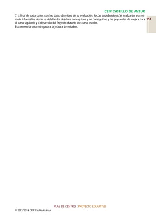 CEIP CASTILLO DE ANZUR
7. A final de cada curso, con los datos obtenidos de su evaluación, los/as coordinadores/as realizarán una memoria informativa donde se detallan los objetivos conseguidos y no conseguidos y las propuestas de mejora para 151
el curso siguiente y el desarrollo del Proyecto durante ese curso escolar.
Esta memoria será entregada a la jefatura de estudios.

PLAN DE CENTRO | PROYECTO EDUCATIVO
© 2013/2014 CEIP Castillo de Anzur

 