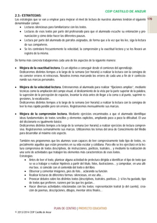 CEIP CASTILLO DE ANZUR
2.3.- ESTRATEGIAS:
Las estrategias que se van a emplear para mejorar el nivel de lectura de nuestros alumnos tendrán el siguiente 170
denominador común:
 Lecturas silenciosas para familiarizarse con los textos.
 Lecturas de esos textos por parte del profesorado para que el alumnado escuche su entonación y pronunciación y cómo debe hacer las diferentes pausas.
 Lectura por parte del alumnado de párrafos asignados, de forma que a la vez que los lee, siga la lectura
de sus compañeros.
 Se les controlará frecuentemente la velocidad, la comprensión y la exactitud lectora y se les llevará un
registro de la misma.
De forma más concreta trabajaremos cada uno de los aspectos de la siguiente manera:


Mejora de la exactitud lectora. Es un objetivo a conseguir desde el comienzo del aprendizaje.
Dedicaremos distintos tiempos a lo largo de la semana (ver horario) a realizar la lectura con la consigna de
no cometer errores ni retrocesos. Nosotros iremos marcando los errores de cada uno a fin de ir confeccionando sus marcas personales.



Mejora de la velocidad lectora. Entrenaremos al alumnado para realizar “fijaciones amplias”, mediante
técnicas como la ampliación del campo visual, el deslizamiento de la vista por la parte superior de la palabra,
la supresión de la percepción de espacios, levantar la vista antes de llegar a la coma o al punto, suprimir regresiones, la vocalización…
Dedicaremos distintos tiempos a lo largo de la semana (ver horario) a realizar la lectura con la consigna de
leer lo mas rápido posible pero sin errores. Registraremos mensualmente sus marcas.



Mejora de la comprensión lectora. Mediante ejercicios encaminados a que el alumnado identifique
ideas fundamentales de textos sencillos y elementos explícitos, ampliando poco a poco la dificultad. El uso
del diccionario es igualmente básico.
Dedicaremos distintos tiempos a lo largo de la semana (ver horario) a realizar ejercicios de lectura comprensiva. Registraremos semanalmente sus marcas. Utilizaremos los temas del área de Conocimiento del Medio
para desarrollar al máximo este aspecto.
También nos proponemos que los alumnos sean capaces de leer compresivamente todo tipo de textos, especialmente aquellos que están presentes en su vida escolar y cotidiana. Para ello se les ejercitará en la lectura comprensiva de textos descriptivos, de instrucciones, poéticos, teatrales... y mediante la realización de
una serie de actividades que trabajen los elementos más característicos de esos textos.
Estrategias:
 Antes de leer el texto, plantear alguna actividad de prelectura dirigida a identificar el tipo de texto que
se va a trabajar o realizar hipótesis a partir del título, fotos, ilustraciones… y comprobar, en una última fase, si coincide con el contenido del texto o del libro.
 Observar y comentar imágenes, pies de foto... aclarando su función.
 Realizar lecturas de diferentes formas: silenciosas, en voz alta...
 Provocar debates sobre los distintos textos (descriptivos, teatrales, poéticos…): si les ha gustado, tipo
de textos que prefieren, razones por las que les gustan...
 Hacer diversas actividades relacionadas con los textos: representación teatral (o del cuento), creación de poemas, descripciones, dibujos, inventar otros finales…

PLAN DE CENTRO | PROYECTO EDUCATIVO
© 2013/2014 CEIP Castillo de Anzur

 