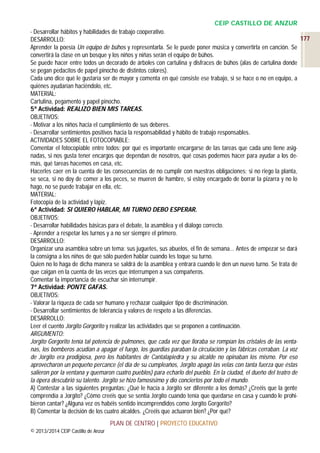 CEIP CASTILLO DE ANZUR
- Desarrollar hábitos y habilidades de trabajo cooperativo.
177
DESARROLLO:
Aprender la poesía Un equipo de búhos y representarla. Se le puede poner música y convertirla en canción. Se
convertirá la clase en un bosque y los niños y niñas serán el equipo de búhos.
Se puede hacer entre todos un decorado de árboles con cartulina y disfraces de búhos (alas de cartulina donde
se pegan pedacitos de papel pinocho de distintos colores).
Cada uno dice qué le gustaría ser de mayor y comenta en qué consiste ese trabajo, si se hace o no en equipo, a
quiénes ayudarían haciéndolo, etc.
MATERIAL:
Cartulina, pegamento y papel pinocho.
5ª Actividad: REALIZO BIEN MIS TAREAS.
OBJETIVOS:
- Motivar a los niños hacia el cumplimiento de sus deberes.
- Desarrollar sentimientos positivos hacia la responsabilidad y hábito de trabajo responsables.
ACTIVIDADES SOBRE EL FOTOCOPIABLE:
Comentar el fotocopiable entre todos: por qué es importante encargarse de las tareas que cada uno tiene asignadas, si nos gusta tener encargos que dependan de nosotros, qué cosas podemos hacer para ayudar a los demás, qué tareas hacemos en casa, etc.
Hacerles caer en la cuenta de las consecuencias de no cumplir con nuestras obligaciones: si no riego la planta,
se seca, si no doy de comer a los peces, se mueren de hambre, si estoy encargado de borrar la pizarra y no lo
hago, no se puede trabajar en ella, etc.
MATERIAL:
Fotocopia de la actividad y lápiz.
6ª Actividad: SI QUIERO HABLAR, MI TURNO DEBO ESPERAR.
OBJETIVOS:
- Desarrollar habilidades básicas para el debate, la asamblea y el diálogo correcto.
- Aprender a respetar los turnos y a no ser siempre el primero.
DESARROLLO:
Organizar una asamblea sobre un tema: sus juguetes, sus abuelos, el fin de semana… Antes de empezar se dará
la consigna a los niños de que sólo pueden hablar cuando les toque su turno.
Quien no lo haga de dicha manera se saldrá de la asamblea y entrará cuando le den un nuevo turno. Se trata de
que caigan en la cuenta de las veces que interrumpen a sus compañeros.
Comentar la importancia de escuchar sin interrumpir.
7ª Actividad: PONTE GAFAS.
OBJETIVOS:
- Valorar la riqueza de cada ser humano y rechazar cualquier tipo de discriminación.
- Desarrollar sentimientos de tolerancia y valores de respeto a las diferencias.
DESARROLLO:
Leer el cuento Jorgito Gorgorito y realizar las actividades que se proponen a continuación.
ARGUMENTO:
Jorgito Gorgorito tenía tal potencia de pulmones, que cada vez que lloraba se rompían los cristales de las ventanas, los bomberos acudían a apagar el fuego, los guardias paraban la circulación y las fábricas cerraban. La voz
de Jorgito era prodigiosa, pero los habitantes de Cantalapiedra y su alcalde no opinaban los mismo. Por eso
aprovecharon un pequeño percance (el día de su cumpleaños, Jorgito apagó las velas con tanta fuerza que éstas
salieron por la ventana y quemaron cuatro pueblos) para echarlo del pueblo. En la ciudad, el dueño del teatro de
la ópera descubrió su talento. Jorgito se hizo famosísimo y dio conciertos por todo el mundo.
A) Contestar a las siguientes preguntas: ¿Qué le hacía a Jorgito ser diferente a los demás? ¿Creéis que la gente
comprendía a Jorgito? ¿Cómo creéis que se sentía Jorgito cuando tenía que quedarse en casa y cuando le prohibieron cantar? ¿Alguna vez os habéis sentido incomprendidos como Jorgito Gorgorito?
B) Comentar la decisión de los cuatro alcaldes. ¿Creéis que actuaron bien? ¿Por qué?
PLAN DE CENTRO | PROYECTO EDUCATIVO
© 2013/2014 CEIP Castillo de Anzur

 