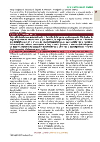 CEIP CASTILLO DE ANZUR
trabajo en equipo, los procesos y los proyectos de innovación e investigación y la formación continua.
 Acrecentar el nivel de implicación del alumnado, fomentando valores sociales básicos como la convivencia pacífica y
respetuosa, el trabajo y el esfuerzo, la conciencia de superación progresiva y continua, adaptando la planificación del proceso educativo y la del material curricular a sus necesidades y capacidades reales.
 Aumentar el nivel de participación, colaboración e implicación de las familias en el proceso educativo y formativo, mediante la asunción por parte de éstas de compromisos de tipo formativo y de convivencia.
 Favorecer la intervención y la implicación de los servicios educativos externos con actuaciones directas tendentes prioritariamente a la mejora en la calidad formativa del centro.
 Requerir y facilitar la colaboración de personas, entidades e instituciones tanto de carácter público como privado con el
fin de apoyar y reforzar las medidas de progreso cualitativo del centro, tanto en el aspecto formativo como educativoformativo en las familias.

2. LOS OBJETIVOS DOCENTES
Estos objetivos buscan principalmente el fomento de la buena práctica docente. Ello implica la
mejora organizativa interpersonal y, por supuesto, la mejora de la planificación de la intervención del profesorado en el proceso de enseñanza-aprendizaje, de su desarrollo y de la valoración
de los resultados. Además, como agente activo y primario (junto con el alumnado) de todo proceso, debe desarrollar un rol especial de dinamizador de la labor y de la actitud positiva y receptiva
de otros agentes: el alumnado y sus familias.
2.1. OBJETIVOS ORGANIZATIVOS 2.2. OBJETIVOS PLANIFICATIVOS
2.3. OBJETIVOS TUTORIALES
 Mejorar la coordinación de los equipos docentes.
 Aumentar la eficacia y productividad
de las reuniones.
 Estudiar y tomar decisiones sobre la
puesta en marcha de los planes y
proyectos que se estimen favorezcan
los fines que nos proponemos.
 Participación en actividades de formación y en proyectos de innovación e
investigación.
 Asumir que el centro es un lugar
para el aprendizaje docente.
 Utilizar las nuevas tecnologías de la
información y de la comunicación
como medios facilitadores y actualizadores de su labor.
 Reflexionar con espíritu crítico, junto
al resto de agentes de la comunidad
educativa, sobre los planteamientos
programáticos, el desarrollo procesual
y, sobre todo, en los resultados, asumiendo sus propios éxitos y fracasos y
proponiendo, en estos casos, nuevos
horizontes y caminos que coadyuven a
corregirlos y a conseguir los objetivos
propuestos.

 Mejorar los rendimientos académicos, mediante la reflexión sobre el
modelo de enseñanza que pretendemos para el centro.
 Respetar en cualquier caso los ritmos de aprendizaje, las capacidades,
la motivación e los intereses de cada
alumno/a.
 Planificar actividades y programas
de apoyo para conseguir respuestas
educativas que atiendan a la diversidad y mejoren el rendimiento, y, en su
caso, realizar adaptaciones curriculares para el alumnado con necesidades
educativas especiales que las requieran.
 Programar actividades individuales,
en pequeño y gran grupo para ayudar
a la superación de dificultades, socialización y motivación del alumno.
 Utilizar los materiales y recursos que
nos ofrece el entorno más cercano,
para conseguir aprendizajes funcionales.
 Promover técnicas de trabajo y estudio, adecuadas a las características
de nuestro alumnado.
 Fomentar una formación integral
intelectual, física y afectivo-social.
 Impulsar valores personales, de
relación social y con el medio:
 Orientar la ocupación del tiempo
libre de forma positiva y creativa, educando al alumnado en el desarrollo del

 Fomentar el aprendizaje y el análisis
crítico, mediante la introducción en el
proceso y el uso de técnicas de estudio y de trabajo escolar que mejoren el
aprovechamiento de los recursos de
los que disponga el alumnado tanto
material como personalmente.
 Fomentar los valores de responsabilidad, de esfuerzo y de rigor por el
trabajo y el propio aprendizaje.
 Potenciar los hábitos de cuidado y
de respeto por el medio circundante,
persiguiendo la mejora, la defensa y la
conservación del mismo.
 Inculcar y fomentar valores social y
personalmente positivos como los de
convivencia, no-violencia, diálogo y
resolución pacífica de conflictos, la
solidaridad y la igualdad entre todos
los hombres y mujeres, al margen de
sus connotaciones particulares, la
autoestima, la creatividad, la solidaridad, el espíritu crítico….
 Facilitar reuniones periódicas y entrevistas personales con las familias de
nuestro alumnado.
 Entablar diálogos con las familias
insistiendo en sus compromisos para
con sus hijos/as y con el proceso
educativo/formativo de éstos/as.

PLAN DE CENTRO | PROYECTO EDUCATIVO
© 2013/2014 CEIP Castillo de Anzur

17

 