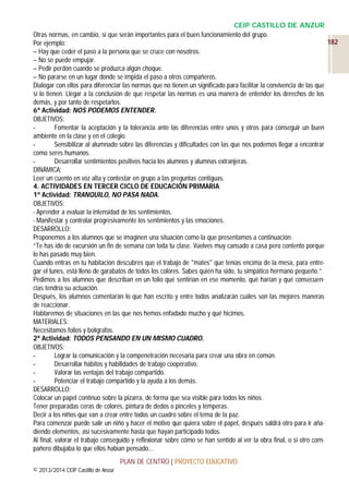 CEIP CASTILLO DE ANZUR
Otras normas, en cambio, sí que serán importantes para el buen funcionamiento del grupo.
182
Por ejemplo:
– Hay que ceder el paso a la persona que se cruce con nosotros.
– No se puede empujar.
– Pedir perdón cuando se produzca algún choque.
– No pararse en un lugar donde se impida el paso a otros compañeros.
Dialogar con ellos para diferenciar las normas que no tienen un significado para facilitar la convivencia de las que
sí lo tienen. Llegar a la conclusión de que respetar las normas es una manera de entender los derechos de los
demás, y por tanto de respetarlos.
6ª Actividad: NOS PODEMOS ENTENDER.
OBJETIVOS:
Fomentar la aceptación y la tolerancia ante las diferencias entre unos y otros para conseguir un buen
ambiente en la clase y en el colegio.
Sensibilizar al alumnado sobre las diferencias y dificultades con las que nos podemos llegar a encontrar
como seres humanos.
Desarrollar sentimientos positivos hacia los alumnos y alumnas extranjeras.
DINÁMICA:
Leer un cuento en voz alta y contestar en grupo a las preguntas contiguas.
4. ACTIVIDADES EN TERCER CICLO DE EDUCACIÓN PRIMARIA
1ª Actividad: TRANQUILO, NO PASA NADA.
OBJETIVOS:
- Aprender a evaluar la intensidad de los sentimientos.
- Manifestar y controlar progresivamente los sentimientos y las emociones.
DESARROLLO:
Proponemos a los alumnos que se imaginen una situación como la que presentamos a continuación.
“Te has ido de excursión un fin de semana con toda tu clase. Vuelves muy cansado a casa pero contento porque
lo has pasado muy bien.
Cuando entras en tu habitación descubres que el trabajo de "mates" que tenías encima de la mesa, para entregar el lunes, está lleno de garabatos de todos los colores. Sabes quién ha sido, tu simpático hermano pequeño.”
Pedimos a los alumnos que describan en un folio qué sentirían en ese momento, qué harían y qué consecuencias tendría su actuación.
Después, los alumnos comentarán lo que han escrito y entre todos analizarán cuáles son las mejores maneras
de reaccionar.
Hablaremos de situaciones en las que nos hemos enfadado mucho y qué hicimos.
MATERIALES:
Necesitamos folios y bolígrafos.
2ª Actividad: TODOS PENSANDO EN UN MISMO CUADRO.
OBJETIVOS:
Lograr la comunicación y la compenetración necesaria para crear una obra en común.
Desarrollar hábitos y habilidades de trabajo cooperativo.
Valorar las ventajas del trabajo compartido.
Potenciar el trabajo compartido y la ayuda a los demás.
DESARROLLO:
Colocar un papel continuo sobre la pizarra, de forma que sea visible para todos los niños.
Tener preparadas ceras de colores, pintura de dedos o pinceles y témperas.
Decir a los niños que van a crear entre todos un cuadro sobre el tema de la paz.
Para comenzar puede salir un niño y hacer el motivo que quiera sobre el papel, después saldrá otro para ir añadiendo elementos, así sucesivamente hasta que hayan participado todos.
Al final, valorar el trabajo conseguido y reflexionar sobre cómo se han sentido al ver la obra final, o si otro compañero dibujaba lo que ellos habían pensado...
PLAN DE CENTRO | PROYECTO EDUCATIVO
© 2013/2014 CEIP Castillo de Anzur

 