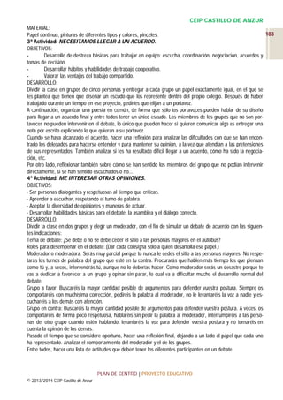 CEIP CASTILLO DE ANZUR
MATERIAL:
183
Papel continuo, pinturas de diferentes tipos y colores, pinceles.
3ª Actividad: NECESITAMOS LLEGAR A UN ACUERDO.
OBJETIVOS:
Desarrollo de destreza básicas para trabajar en equipo: escucha, coordinación, negociación, acuerdos y
tomas de decisión.
Desarrollar hábitos y habilidades de trabajo cooperativo.
Valorar las ventajas del trabajo compartido.
DESARROLLO:
Dividir la clase en grupos de cinco personas y entregar a cada grupo un papel exactamente igual, en el que se
les plantea que tienen que diseñar un escudo que los represente dentro del propio colegio. Después de haber
trabajado durante un tiempo en ese proyecto, pedirles que elijan a un portavoz.
A continuación, organizar una puesta en común, de forma que sólo los portavoces pueden hablar de su diseño
para llegar a un acuerdo final y entre todos tener un único escudo. Los miembros de los grupos que no son portavoces no pueden intervenir en el debate, lo único que pueden hacer si quieren comunicar algo es entregar una
nota por escrito explicando lo que quieran a su portavoz.
Cuando se haya alcanzado el acuerdo, hacer una reflexión para analizar las dificultades con que se han encontrado los delegados para hacerse entender y para mantener su opinión, a la vez que atendían a las pretensiones
de sus representados. También analizar si les ha resultado difícil llegar a un acuerdo, cómo ha sido la negociación, etc.
Por otro lado, reflexionar también sobre cómo se han sentido los miembros del grupo que no podían intervenir
directamente, si se han sentido escuchados o no...
4ª Actividad: ME INTERESAN OTRAS OPINIONES.
OBJETIVOS:
- Ser personas dialogantes y respetuosas al tiempo que críticas.
- Aprender a escuchar, respetando el turno de palabra.
- Aceptar la diversidad de opiniones y maneras de actuar.
- Desarrollar habilidades básicas para el debate, la asamblea y el diálogo correcto.
DESARROLLO:
Dividir la clase en dos grupos y elegir un moderador, con el fin de simular un debate de acuerdo con las siguientes indicaciones:
Tema de debate: ¿Se debe o no se debe ceder el sitio a las personas mayores en el autobús?
Roles para desempeñar en el debate: (Dar cada consigna sólo a quien desarrolla ese papel.)
Moderador o moderadora: Serás muy parcial porque tú nunca le cedes el sitio a las personas mayores. No respetarás los turnos de palabra del grupo que esté en tu contra. Procurarás que hablen más tiempo los que piensan
como tú y, a veces, intervendrás tú, aunque no lo deberías hacer. Como moderador serás un desastre porque te
vas a dedicar a favorecer a un grupo y opinar sin parar, lo cual va a dificultar mucho el desarrollo normal del
debate.
Grupo a favor: Buscaréis la mayor cantidad posible de argumentos para defender vuestra postura. Siempre os
comportaréis con muchísima corrección, pediréis la palabra al moderador, no le levantaréis la voz a nadie y escucharéis a los demás con atención.
Grupo en contra: Buscaréis la mayor cantidad posible de argumentos para defender vuestra postura. A veces, os
comportaréis de forma poco respetuosa, hablaréis sin pedir la palabra al moderador, interrumpiréis a las personas del otro grupo cuando estén hablando, levantaréis la voz para defender vuestra postura y no tomaréis en
cuenta la opinión de los demás.
Pasado el tiempo que se considere oportuno, hacer una reflexión final, dejando a un lado el papel que cada uno
ha representado. Analizar el comportamiento del moderador y el de los grupos.
Entre todos, hacer una lista de actitudes que deben tener los diferentes participantes en un debate.

PLAN DE CENTRO | PROYECTO EDUCATIVO
© 2013/2014 CEIP Castillo de Anzur

 