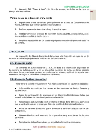 CEIP CASTILLO DE ANZUR
8. Momento TAL “Todos A Leer”. Un día a la semana, se dedica en la clase un
tiempo a la lectura libre.
196
*Para la mejora de la Expresión oral y escrita
1. Exposiciones orales periódicas, principalmente en el área de Conocimiento del
Medio, actividad que formará parte de la evaluación.
2.

Realizar representaciones teatrales y dramatizaciones.

3. Trabajar diferentes técnicas de expresión escrita (cuento, descripciones, poesías, acrósticos, cartas, e-mails, etc...).
4. Pequeñas redacciones en un cuaderno pequeño contando lo que hacen cada fin
de semana.

3.- EVALUACIÓN
La evaluación del Plan de Fomento de la Lectura y la Expresión así como de las diferentes actividades propuestas se realizará en varios momentos:
3.1.- Evaluación Inicial.
Al comienzo del curso escolar el E.T.C.P., en base a la información disponible en
la memoria de autoevaluación y en las diferentes memorias de ciclo, prestando especial
atención a las propuestas de mejoras aportadas por los mismos, realizará las aportaciones
necesarias para ajustar dicho Plan a la realidad del Centro.
3.2.- Evaluación Continua y formativa.
Para llevar a cabo la evaluación del Plan nos basaremos en los siguientes aspectos:
●
Información aportada por los tutores en las reuniones de Equipo Docente y
Equipos Ciclo.
●
Grado de participación del alumnado en las diferentes Bibliotecas de Aulas, que
se verá reflejado en los murales expuestos en las tablas.
●
Participación del alumnado en el préstamo de libros de la Biblioteca del Centro
que se verá reflejado en el programa Abies de gestión de Bibliotecas Escolares.
●
Fichas de resumen elaboradas por el alumnado a partir de la lectura de los distintos libros.
●
Observación directa al alumnado de la participación y atención en las lecturas
colectivas.
●

Participación del profesorado en las actividades formativas propuestas.
PLAN DE CENTRO | PROYECTO EDUCATIVO

© 2013/2014 CEIP Castillo de Anzur

 