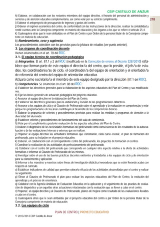 CEIP CASTILLO DE ANZUR
h) Elaborar, en colaboración con los restantes miembros del equipo directivo, el horario del personal de administración y
servicios y de atención educativa complementaria, así como velar por su estricto cumplimiento.
218
i) Elaborar el anteproyecto de presupuesto de ingresos y gastos del centro.
j) Ordenar el régimen económico del centro, de conformidad con las instrucciones de la dirección, realizar la contabilidad y
rendir cuentas ante la Consejería competente en materia de educación y los órganos a los que se refiere el artículo 25.4.
k) Cualesquiera otras que le sean atribuidas en el Plan de Centro o por Orden de la persona titular de la Consejería competente en materia de educación.

b) Nombramiento, cese y suplencia.
Los procedimientos coinciden con los previstos para la jefatura de estudios (ver punto anterior).
3. Los órganos de coordinación docente
Vienen enumerados en el art. 78 del ROC.
3.1. El equipo técnico de coordinación pedagógica
a) Integrantes. El art. 87.1 y 2 del ROC (modificado en la Corrección de errores al Decreto 328/2010) esta-

blece que forman parte de este equipo el director/a del centro, que lo preside, el jefe/a de estudios, los coordinadores/as de ciclo, el coordinador/a del equipo de orientación y el orientador/a
de referencia del centro del equipo de orientación educativa.
Actuará como secretario/a el miembro de este equipo designado por la dirección (87.1 del ROC).
b) Competencias. Se enumeran en el art. 88 del ROC:
a) Establecer las directrices generales para la elaboración de los aspectos educativos del Plan de Centro y sus modificaciones.
b) Fijar las líneas generales de actuación pedagógica del proyecto educativo.
c) Asesorar al equipo directivo en la elaboración del Plan de Centro.
d) Establecer las directrices generales para la elaboración y revisión de las programaciones didácticas.
e) Asesorar a los equipos de ciclo y al Claustro de Profesorado sobre el aprendizaje y la evaluación en competencias y velar
porque las programaciones de las áreas contribuyan al desarrollo de las competencias básicas.
f) Elaborar la propuesta de criterios y procedimientos previstos para realizar las medidas y programas de atención a la
diversidad del alumnado.
g) Establecer criterios y procedimientos de funcionamiento del aula de convivencia.
h) Velar por el cumplimiento y posterior evaluación de los aspectos educativos del Plan de Centro.
i) Realizar el diagnóstico de las necesidades formativas del profesorado como consecuencia de los resultados de la autoevaluación o de las evaluaciones internas o externas que se realicen.
j) Proponer al equipo directivo las actividades formativas que constituirán, cada curso escolar, el plan de formación del
profesorado, para su inclusión en el proyecto educativo.
k) Elaborar, en colaboración con el correspondiente centro del profesorado, los proyectos de formación en centros.
l) Coordinar la realización de las actividades de perfeccionamiento del profesorado.
m) Colaborar con el centro del profesorado que corresponda en cualquier otro aspecto relativo a la oferta de actividades
formativas e informar al Claustro de Profesorado de las mismas.
n) Investigar sobre el uso de las buenas prácticas docentes existentes y trasladarlas a los equipos de ciclo y de orientación
para su conocimiento y aplicación.
ñ) Informar a los maestros y maestras sobre líneas de investigación didáctica innovadoras que se estén llevando acabo con
respecto al currículo.
o) Establecer indicadores de calidad que permitan valorarla eficacia de las actividades desarrolladas por el centro y realizar
su seguimiento.
p) Elevar al Claustro de Profesorado el plan para evaluar los aspectos educativos del Plan de Centro, la evolución del
aprendizaje y el proceso de enseñanza.
q) Colaborar con la Agencia Andaluza de Evaluación Educativa en la aplicación y el seguimiento de las pruebas de evaluación de diagnóstico y con aquellas otras actuaciones relacionadas con la evaluación que se lleven a cabo en el centro.
r) Proponer, al equipo directivo y al Claustro de Profesorado, planes de mejora como resultado de las evaluaciones llevadas
a cabo en el centro.
s) Cualesquiera otras que le sean atribuidas por el proyecto educativo del centro o por Orden de la persona titular de la
Consejería competente en materia de educación.

3.2. Los equipos de ciclo
PLAN DE CENTRO | PROYECTO EDUCATIVO
© 2013/2014 CEIP Castillo de Anzur

 