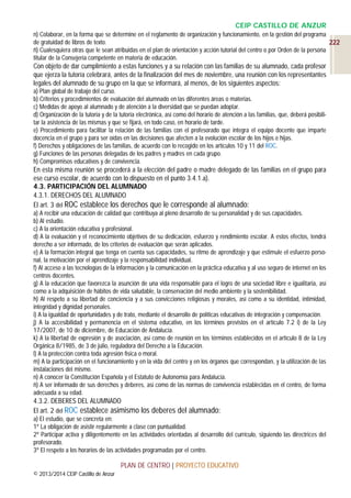 CEIP CASTILLO DE ANZUR
n) Colaborar, en la forma que se determine en el reglamento de organización y funcionamiento, en la gestión del programa
de gratuidad de libros de texto.
222
ñ) Cualesquiera otras que le sean atribuidas en el plan de orientación y acción tutorial del centro o por Orden de la persona
titular de la Consejería competente en materia de educación.

Con objeto de dar cumplimiento a estas funciones y a su relación con las familias de su alumnado, cada profesor
que ejerza la tutoría celebrará, antes de la finalización del mes de noviembre, una reunión con los representantes
legales del alumnado de su grupo en la que se informará, al menos, de los siguientes aspectos:
a) Plan global de trabajo del curso.
b) Criterios y procedimientos de evaluación del alumnado en las diferentes áreas o materias.
c) Medidas de apoyo al alumnado y de atención a la diversidad que se puedan adoptar.
d) Organización de la tutoría y de la tutoría electrónica, así como del horario de atención a las familias, que, deberá posibilitar la asistencia de las mismas y que se fijará, en todo caso, en horario de tarde.
e) Procedimiento para facilitar la relación de las familias con el profesorado que integra el equipo docente que imparte
docencia en el grupo y para ser oídas en las decisiones que afecten a la evolución escolar de los hijos e hijas.
f) Derechos y obligaciones de las familias, de acuerdo con lo recogido en los artículos 10 y 11 del ROC.
g) Funciones de las personas delegadas de los padres y madres en cada grupo.
h) Compromisos educativos y de convivencia.

En esta misma reunión se procederá a la elección del padre o madre delegado de las familias en el grupo para
ese curso escolar, de acuerdo con lo dispuesto en el punto 3.4.1.a).
4.3. PARTICIPACIÓN DEL ALUMNADO
4.3.1. DERECHOS DEL ALUMNADO
El art. 3 del ROC establece los derechos que le corresponde al alumnado:
a) A recibir una educación de calidad que contribuya al pleno desarrollo de su personalidad y de sus capacidades.
b) Al estudio.
c) A la orientación educativa y profesional.
d) A la evaluación y el reconocimiento objetivos de su dedicación, esfuerzo y rendimiento escolar. A estos efectos, tendrá
derecho a ser informado, de los criterios de evaluación que serán aplicados.
e) A la formación integral que tenga en cuenta sus capacidades, su ritmo de aprendizaje y que estimule el esfuerzo personal, la motivación por el aprendizaje y la responsabilidad individual.
f) Al acceso a las tecnologías de la información y la comunicación en la práctica educativa y al uso seguro de internet en los
centros docentes.
g) A la educación que favorezca la asunción de una vida responsable para el logro de una sociedad libre e igualitaria, así
como a la adquisición de hábitos de vida saludable, la conservación del medio ambiente y la sostenibilidad.
h) Al respeto a su libertad de conciencia y a sus convicciones religiosas y morales, así como a su identidad, intimidad,
integridad y dignidad personales.
i) A la igualdad de oportunidades y de trato, mediante el desarrollo de políticas educativas de integración y compensación.
j) A la accesibilidad y permanencia en el sistema educativo, en los términos previstos en el artículo 7.2 i) de la Ley
17/2007, de 10 de diciembre, de Educación de Andalucía.
k) A la libertad de expresión y de asociación, así como de reunión en los términos establecidos en el artículo 8 de la Ley
Orgánica 8/1985, de 3 de julio, reguladora del Derecho a la Educación.
l) A la protección contra toda agresión física o moral.
m) A la participación en el funcionamiento y en la vida del centro y en los órganos que correspondan, y la utilización de las
instalaciones del mismo.
n) A conocer la Constitución Española y el Estatuto de Autonomía para Andalucía.
ñ) A ser informado de sus derechos y deberes, así como de las normas de convivencia establecidas en el centro, de forma
adecuada a su edad.

4.3.2. DEBERES DEL ALUMNADO
El art. 2 del ROC establece asimismo los deberes del alumnado:
a) El estudio, que se concreta en:
1º La obligación de asistir regularmente a clase con puntualidad.
2º Participar activa y diligentemente en las actividades orientadas al desarrollo del currículo, siguiendo las directrices del
profesorado.
3º El respeto a los horarios de las actividades programadas por el centro.

PLAN DE CENTRO | PROYECTO EDUCATIVO
© 2013/2014 CEIP Castillo de Anzur

 