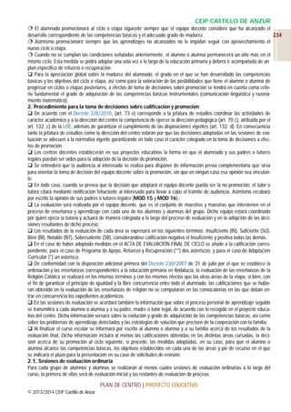 CEIP CASTILLO DE ANZUR
 El alumnado promocionará al ciclo o etapa siguiente siempre que el equipo docente considere que ha alcanzado el
desarrollo correspondiente de las competencias básicas y el adecuado grado de madurez.
234
 Asimismo promocionará siempre que los aprendizajes no alcanzados no le impidan seguir con aprovechamiento el
nuevo ciclo o etapa.
 Cuando no se cumplan las condiciones señaladas anteriormente, el alumno o alumna permanecerá un año más en el
mismo ciclo. Esta medida se podrá adoptar una sola vez a lo largo de la educación primaria y deberá ir acompañada de un
plan específico de refuerzo o recuperación.
 Para la apreciación global sobre la madurez del alumnado, el grado en el que se han desarrollado las competencias
básicas y los objetivos del ciclo o etapa, así como para la valoración de las posibilidades que tiene el alumno o alumna de
progresar en ciclos o etapas posteriores, a efectos de toma de decisiones sobre promoción se tendrá en cuenta como criterio fundamental el grado de adquisición de las competencias básicas instrumentales (comunicación lingüística y razonamiento matemático).
2. Procedimiento para la toma de decisiones sobre calificación y promoción
 De acuerdo con el Decreto 328/2010, (art. 73 e) corresponde a la jefatura de estudios coordinar las actividades de
carácter académico y a la dirección del centro la competencia de ejercer la dirección pedagógica (art. 70 c), atribuida por el
art. 132. c) de la LOE, además de garantizar el cumplimiento de las disposiciones vigentes (art. 132. d). En consecuencia
tanto la jefatura de estudios como la dirección del centro velarán por que las decisiones adoptadas en las sesiones de evaluación se adecuen a la normativa vigente garantizando en todo caso el carácter colegiado en la toma de decisiones a efectos de promoción.
 Los centros docentes establecerán en sus proyectos educativos la forma en que el alumnado y sus padres o tutores
legales puedan ser oídos para la adopción de la decisión de promoción.
 Se entenderá que la audiencia al interesado se realiza para disponer de información previa complementaria que sirva
para orientar la toma de decisión del equipo docente sobre la promoción, sin que en ningún caso esa opinión sea vinculante.
 En todo caso, cuando se prevea que la decisión que adoptará el equipo docente pueda ser la no promoción, el tutor o
tutora citará mediante notificación fehaciente al interesado para llevar a cabo el trámite de audiencia. Asimismo recabará
por escrito la opinión de sus padres o tutores legales (MOD 15 y MOD 16).
 La evaluación será realizada por el equipo docente, que es el conjunto de maestros y maestras que intervienen en el
proceso de enseñanza y aprendizaje con cada uno de los alumnos y alumnas del grupo. Dicho equipo estará coordinado
por quien ejerza la tutoría y actuará de manera colegiada a lo largo del proceso de evaluación y en la adopción de las decisiones resultantes de dicho proceso.
 Los resultados de la evaluación de cada área se expresará en los siguientes términos: Insuficiente (IN), Suficiente (SU),
Bien (BI), Notable (NT), Sobresaliente (SB), considerándose calificación negativa el Insuficiente y positiva todas las demás.
 En el caso de haber adoptado medidas en el ACTA DE EVALUACIÓN FINAL DE CICLO se añade a la calificación correspondiente, para el caso de Programa de Apoyo, Refuerzo y Recuperación (**) dos asteriscos; y para el caso de Adaptación
Curricular (*) un asterisco.
 De conformidad con la disposición adicional primera del Decreto 230/2007 de 31 de julio por el que se establece la
ordenación y las enseñanzas correspondientes a la educación primaria en Andalucía, la evaluación de las enseñanzas de la
Religión Católica se realizará en los mismos términos y con los mismos efectos que las otras áreas de la etapa, si bien, con
el fin de garantizar el principio de igualdad y la libre concurrencia entre todo el alumnado, las calificaciones que se hubieran obtenido en la evaluación de las enseñanzas de religión no se computarán en las convocatorias en las que deban entrar en concurrencia los expedientes académicos.
 En las sesiones de evaluación se acordará también la información que sobre el proceso personal de aprendizaje seguido
se transmitirá a cada alumno o alumna y a su padre, madre o tutor legal, de acuerdo con lo recogido en el proyecto educativo del centro. Dicha información versará sobre la evolución y grado de adquisición de las competencias básicas, así como
sobre los problemas de aprendizaje detectados y las estrategias de solución que precisen de la cooperación con la familia.
 Al finalizar el curso escolar se informará por escrito al alumno o alumna y a su familia acerca de los resultados de la
evaluación final. Dicha información incluirá al menos las calificaciones obtenidas en las distintas áreas cursadas, la decisión acerca de su promoción al ciclo siguiente, si procede, las medidas adoptadas, en su caso, para que el alumno o
alumna alcance las competencias básicas, los objetivos establecidos en cada una de las áreas y pie de recurso en el que
se indicará el plazo para la presentación en su caso de solicitudes de revisión.
2.1. Sesiones de evaluación ordinaria
Para cada grupo de alumnos y alumnas se realizarán al menos cuatro sesiones de evaluación ordinarias a lo largo del
curso, la primera de ellas será de evaluación inicial y las restantes de evaluación de proceso.

PLAN DE CENTRO | PROYECTO EDUCATIVO
© 2013/2014 CEIP Castillo de Anzur

 
