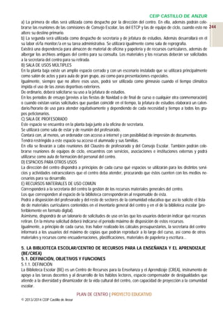 CEIP CASTILLO DE ANZUR
a) La primera de ellas será utilizada como despacho por la dirección del centro. En ella, además podrán celebrarse las reuniones de las comisiones de Consejo Escolar, las del ETCP y las de equipo de ciclo, cuando esto no 244
altere su destino primario.
b) La segunda será utilizada como despacho de secretaría y de jefatura de estudios. Además desarrollará en él
su labor el/la monitor/a en su tarea administrativa. Se utilizará igualmente como sala de reprografía.
Existirá una dependencia para almacén de material de oficina y papelería y de recursos curriculares, además de
albergar los archivos antiguos del centro para su consulta. Los materiales y los recursos deberán ser solicitados
a la secretaría del centro para su retirada.
B) SALA DE USOS MÚLTIPLES
En la planta baja existe un amplio espacio cerrado y con un escenario instalado que se utilizará principalmente
como salón de actos y para aula de gran grupo, así como para presentaciones especiales.
Igualmente, siempre que no altere esos usos, podrá ser utilizada como gimnasio cuando el tiempo climático
impida el uso de las zonas deportivas exteriores.
De ordinario, deberá solicitarse su uso a la jefatura de estudios.
En los períodos de ensayo (previos a las fiestas de Navidad o de final de curso o cualquier otra conmemoración)
o cuando existan varias solicitudes que puedan coincidir en el tiempo, la jefatura de estudios elaborará un calendario/horario de uso para atender equitativamente y dependiendo de cada necesidad y tiempo a todos los grupos peticionarios.
C) SALA DE PROFESORADO
Este espacio se encuentra en la planta baja junto a la oficina de secretaría.
Se utilizará como sala de estar y de reunión del profesorado.
Contará con, al menos, un ordenador con acceso a internet y con posibilidad de impresión de documentos.
Tendrá restringido a este espacio su acceso el alumnado y sus familias.
En ella se llevarán a cabo reuniones del Claustro de profesorado y del Consejo Escolar. También podrán celebrarse reuniones de equipos de ciclo, encuentros con servicios, asociaciones e instituciones externas y podrá
utilizarse como aula de formación del personal del centro.
D) ESPACIOS PARA OTROS USOS
La dirección del centro dispondrá a principios de cada curso qué espacios se utilizarán para los distintos servicios y actividades extraescolares que el centro deba atender, procurando que éstos cuenten con los medios necesarios para su desarrollo.
E) RECURSOS MATERIALES DE USO COMÚN
Corresponderá a la secretaría del centro la gestión de los recursos materiales generales del centro.
Los que corresponden al espacio de la biblioteca corresponderán al responsable de ésta.
Podrá a disposición del profesorado y del resto de sectores de la comunidad educativa que así lo solicite el listado de materiales curriculares contenidos en el inventario general del centro y en el de la biblioteca escolar (preferiblemente en formato digital).
Asimismo, dispondrá de un talonario de solicitudes de uso en las que los usuarios deberán indicar qué recursos
retiran. En la misma solicitud deberá indicarse el período máximo de disposición de estos recursos.
Igualmente, a principio de cada curso, tras haber realizado los cálculos presupuestarios, la secretaría del centro
informará a los usuarios del máximo de copias que podrán reproducir a lo largo del curso, así como de otros
materiales y recursos como encuadernaciones, plastificaciones, materiales de papelería y escritura…
5. LA BIBLIOTECA ESCOLAR/CENTRO DE RECURSOS PARA LA ENSEÑANZA Y EL APRENDIZAJE
(BE/CREA)
5.1. DEFINICIÓN, OBJETIVOS Y FUNCIONES
5.1.1. DEFINICIÓN
La Biblioteca Escolar (BE) es un Centro de Recursos para la Enseñanza y el Aprendizaje (CREA), instrumento de
apoyo a las tareas docentes y al desarrollo de los hábitos lectores, espacio compensador de desigualdades que
atiende a la diversidad y dinamizador de la vida cultural del centro, con capacidad de proyección a la comunidad
escolar.
PLAN DE CENTRO | PROYECTO EDUCATIVO
© 2013/2014 CEIP Castillo de Anzur

 