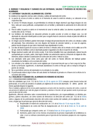 CEIP CASTILLO DE ANZUR
4. NORMAS Y VIGILANCIA Y CUIDADO EN LAS ENTRADAS, SALIDAS Y PERÍODOS DE RECREO DEL
250
ALUMNADO
4.1. ENTRADA Y SALIDA DEL ALUMNADO DEL CENTRO
Se establecen las siguientes normas sobre entradas y salidas del alumnado del centro:
a) La puerta de acceso al centro se abrirá en el momento de sonar la señal de entrada y se colocarán en sus
respectivas filas.
b) Se cerrará 10 minutos después, no permitiéndose la entrada de ningún alumno/a que llegue después de esta
hora, salvo por causa justificada, acompañado/a de un familiar y solicitando la autorización de la dirección del
centro.
c) Para la salida, la puerta se abrirá en el momento de sonar la señal de salida. Los alumnos no podrán salir del
recinto antes de las 14 horas.
d) Los familiares del alumnado de educación primaria no podrá acceder al centro en ningún caso. Los del
alumnado de educación infantil podrá acceder para recogerlo hasta la cancela de entrada al patio del edificio de
esta etapa educativa.
e) En ningún caso los familiares podrán interrumpir el trabajo del personal docente del centro a la entrada o salida
del alumnado. Para entrevistarse con éste dispone del horario de atención tutorial y, en caso de urgencia,
podrán hacerlo después de que todo el alumnado haya abandonado el centro.
f) Los días de lluvia la puerta de acceso se abrirá al menos 5 minutos antes de la entrada o de la salida con el fin
de que, tanto los familiares como el alumnado puedan resguardarse de ella en el porche de entrada.
g) Ningún alumno/a podrá salir del recinto escolar. Si de forma ineludible tiene que abandonarlo, deberá hacerlo
acompañado por su madre, padre, tutor legal o familiar con autorización expresa y fehaciente de alguno de ellos.
Asimismo, deberá solicitar la autorización de la dirección del centro e indicar la causa.
h) Las solicitudes tanto para entrar como para salir del centro en horario diferente del habitual podrán
encontrarlas los familiares en la secretaría del centro.
i) Las entradas y las salidas del centro serán vigiladas por el personal docente que se hará cargo de las filas
desde su formación. Igualmente, el alumnado abandonará el centro en fila que sólo se romperá al llegar al
porche de entrada.
j) No se permitirán carreras del alumnado ni a la entrada ni a la salida.
k) El profesorado deberá dejar la llave del aula donde ha finalizado la jornada en el llavero de la oficina de la
secretaría del centro.
4.2. VIGILANCIA Y CUIDADO DEL ALUMNADO EN HORARIO DE RECREO
4.2.1. CONSIDERACIONES NORMATIVAS
Entre las actividades que el art. 13.2 de la Orden de 20 de agosto de 2010 computa como horario lectivo del
profesorado, en su letra d) considera el cuidado y la vigilancia de recreos del alumnado. El último párrafo del
mismo apartado dispone lo siguiente:
Para el cuidado y vigilancia de los recreos podrá organizarse un turno entre los maestros y maestras del centro, a razón de
una persona de vigilancia por cada dos grupos de alumnos y alumnas o fracción, del que quedará exenta la persona que
ejerza la dirección del centro.

Igualmente, diferente normativa sobre reconocimiento de coordinación y de responsabilidades en distintos programas y planes educativos, así como razones de itinerancia o la dirección del centro (art. 13.2 de la Orden)
exime a algunos de los profesionales docentes del centro están exentos del cuidado y de la vigilancia de los recreos, al igual que la persona que ejerza la dirección del centro:
a) Responsable en materia de coeducación: art. 3.4. de la Orden de 15 de mayo de 2006.
b) Coordinador/a de centro del Plan de Autoprotección: art. 8.3. de la Orden de 16 de abril de
2008.
c) Profesorado que comparte centro: art. 17.4 de la Orden de 20 de agosto de 2010.
d) Asimismo, podrá estar en las mismas circunstancias la persona responsable de la biblioteca escolar, si así se estimara conveniente para el ejercicio de las funciones propias de esta responsabilidad.
PLAN DE CENTRO | PROYECTO EDUCATIVO
© 2013/2014 CEIP Castillo de Anzur

 