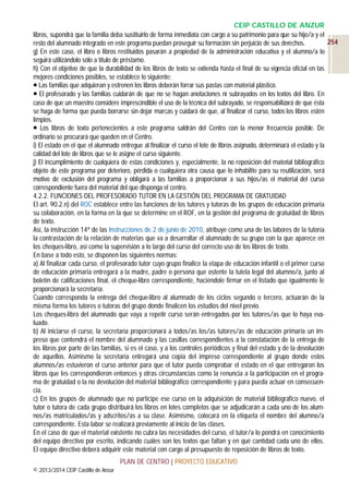 CEIP CASTILLO DE ANZUR
libros, supondrá que la familia deba sustituirlo de forma inmediata con cargo a su patrimonio para que su hijo/a y el
254
resto del alumnado integrado en este programa puedan proseguir su formación sin perjuicio de sus derechos.
g) En este caso, el libro o libros restituidos pasarán a propiedad de la administración educativa y el alumno/a lo
seguirá utilizándolo sólo a título de préstamo.
h) Con el objetivo de que la durabilidad de los libros de texto se extienda hasta el final de su vigencia oficial en las
mejores condiciones posibles, se establece lo siguiente:
 Las familias que adquieran y estrenen los libros deberán forrar sus pastas con material plástico.
 El profesorado y las familias cuidarán de que no se hagan anotaciones ni subrayados en los textos del libro. En
caso de que un maestro considere imprescindible el uso de la técnica del subrayado, se responsabilizará de que ésta
se haga de forma que pueda borrarse sin dejar marcas y cuidará de que, al finalizar el curso, todos los libros estén
limpios.
 Los libros de texto pertenecientes a este programa saldrán del Centro con la menor frecuencia posible. De
ordinario se procurará que queden en el Centro.
i) El estado en el que el alumnado entregue al finalizar el curso el lote de libros asignado, determinará el estado y la
calidad del lote de libros que se le asigne el curso siguiente.
j) El incumplimiento de cualquiera de estas condiciones y, especialmente, la no reposición del material bibliográfico
objeto de este programa por deterioro, pérdida o cualquiera otra causa que lo inhabilite para su reutilización, será
motivo de exclusión del programa y obligará a las familias a proporcionar a sus hijos/as el material del curso
correspondiente fuera del material del que disponga el centro.
4.2.2. FUNCIONES DEL PROFESORADO TUTOR EN LA GESTIÓN DEL PROGRAMA DE GRATUIDAD
El art. 90.2.n) del ROC establece entre las funciones de los tutores y tutoras de los grupos de educación primaria
su colaboración, en la forma en la que se determine en el ROF, en la gestión del programa de gratuidad de libros
de texto.
Así, la instrucción 14ª de las Instrucciones de 2 de junio de 2010, atribuye como una de las labores de la tutoría
la contrastación de la relación de materias que va a desarrollar el alumnado de su grupo con la que aparece en
los cheques-libro, así como la supervisión a lo largo del curso del correcto uso de los libros de texto.
En base a todo esto, se disponen las siguientes normas:
a) Al finalizar cada curso, el profesorado tutor cuyo grupo finalice la etapa de educación infantil o el primer curso
de educación primaria entregará a la madre, padre o persona que ostente la tutela legal del alumno/a, junto al
boletín de calificaciones final, el cheque-libro correspondiente, haciéndole firmar en el listado que igualmente le
proporcionará la secretaría.
Cuando corresponda la entrega del cheque-libro al alumnado de los ciclos segundo o tercero, actuarán de la
misma forma los tutores o tutoras del grupo donde finalicen los estudios del nivel previo.
Los cheques-libro del alumnado que vaya a repetir curso serán entregados por los tutores/as que lo haya evaluado.
b) Al iniciarse el curso, la secretaría proporcionará a todos/as los/as tutores/as de educación primaria un impreso que contendrá el nombre del alumnado y las casillas correspondientes a la constatación de la entrega de
los libros por parte de las familias, si es el caso, y a los controles periódicos y final del estado y de la devolución
de aquellos. Asimismo la secretaría entregará una copia del impreso correspondiente al grupo donde estos
alumnos/as estuvieron el curso anterior para que el tutor pueda comprobar el estado en el que entregaron los
libros que les correspondieron entonces y otras circunstancias como la renuncia a la participación en el programa de gratuidad o la no devolución del material bibliográfico correspondiente y para pueda actuar en consecuencia.
c) En los grupos de alumnado que no participe ese curso en la adquisición de material bibliográfico nuevo, el
tutor o tutora de cada grupo distribuirá los libros en lotes completos que se adjudicarán a cada uno de los alumnos/as matriculados/as y adscritos/as a su clase. Asimismo, colocará en la etiqueta el nombre del alumno/a
correspondiente. Esta labor se realizará previamente al inicio de las clases.
En el caso de que el material existente no cubra las necesidades del curso, el tutor/a lo pondrá en conocimiento
del equipo directivo por escrito, indicando cuáles son los textos que faltan y en qué cantidad cada uno de ellos.
El equipo directivo deberá adquirir este material con cargo al presupuesto de reposición de libros de texto.
PLAN DE CENTRO | PROYECTO EDUCATIVO
© 2013/2014 CEIP Castillo de Anzur

 