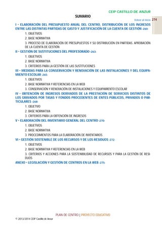 CEIP CASTILLO DE ANZUR

SUMARIO

Volver al inicio 274

I  ELABORACIÓN DEL PRESUPUESTO ANUAL DEL CENTRO, DISTRIBUCIÓN DE LOS INGRESOS
ENTRE LAS DISTINTAS PARTIDAS DE GASTO Y JUSTIFICACIÓN DE LA CUENTA DE GESTIÓN -2601. OBJETIVOS
2. BASE NORMATIVA
3. PROCESO DE ELABORACIÓN DE PRESUPUESTOS Y SU DISTRIBUCIÓN EN PARTIDAS. APROBACIÓN
DE LA CUENTA DE GESTIÓN
II  GESTIÓN DE SUSTITUCIONES DEL PROFESORADO -2631. OBJETIVOS
2. BASE NORMATIVA
3. CRITERIOS PARA LA GESTIÓN DE LAS SUSTITUCIONES
III  MEDIDAS PARA LA CONSERVACIÓN Y RENOVACIÓN DE LAS INSTALACIONES Y DEL EQUIPAMIENTO ESCOLAR -2651. OBJETIVOS
2. BASE NORMATIVA Y REFERENCIAS EN LA WEB
3. CONSERVACIÓN Y RENOVACIÓN DE INSTALACIONES Y EQUIPAMIENTO ESCOLAR
IV  OBTENCIÓN DE INGRESOS DERIVADOS DE LA PRESTACIÓN DE SERVICIOS DISTINTOS DE
LOS GRAVADOS POR TASAS Y FONDOS PROCEDENTES DE ENTES PÚBLICOS, PRIVADOS O PARTICULARES -2681. OBJETIVO
2. BASE NORMATIVA
3. CRITERIOS PARA LA OBTENCIÓN DE INGRESOS
V  ELABORACIÓN DEL INVENTARIO GENERAL DEL CENTRO -2701. OBJETIVOS
2. BASE NORMATIVA
3. PROCEDIMIENTOS PARA LA ELABORACIÓN DE INVENTARIOS
VI  GESTIÓN SOSTENIBLE DE LOS RECURSOS Y DE LOS RESIDUOS -2721. OBJETIVOS
2. BASE NORMATIVA Y REFERENCIAS EN LA WEB
3. CRITERIOS Y ACCIONES PARA LA SOSTENIBILIDAD DE RECURSOS Y PARA LA GESTIÓN DE RESIDUOS
ANEXO  LEGISLACIÓN Y GESTIÓN DE CENTROS EN LA WEB -275-

PLAN DE CENTRO | PROYECTO EDUCATIVO
© 2013/2014 CEIP Castillo de Anzur

 