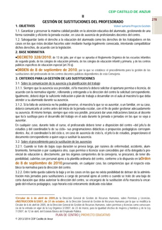 CEIP CASTILLO DE ANZUR

II
GESTIÓN DE SUSTITUCIONES DEL PROFESORADO
1. OBJETIVOS

Volver sumario Proyecto Gestión

1.1. Garantizar y preservar la máxima calidad posible en la atención educativa del alumnado, gestionando de una
forma razonable y eficiente la jornada escolar, en caso de ausencia de profesionales docentes del centro.
1.2. Salvaguardar tanto el derecho a la educación del alumnado como los derechos de los trabajadores en los
casos en los que éstos decidan hacerlos valer mediante huelga legalmente convocada, intentando compatibilizar
dichos derechos, de acuerdo con la legislación.
2. BASE NORMATIVA
DECRETO 328/2010, de 13 de julio, por el que se aprueba el Reglamento Orgánico de las escuelas infantiles
de segundo grado, de los colegios de educación primaria, de los colegios de educación infantil y primaria, y de los centros
públicos específicos de educación especial (art.70.q).
ORDEN de 8 de septiembre de 2010, por la que se establece el procedimiento para la gestión de las
sustituciones del profesorado de los centros docentes públicos dependientes de esta Consejería.

3. CRITERIOS PARA LA GESTIÓN DE LAS SUSTITUCIONES
3.1. Sobre la comunicación de la ausencia y la planificación del trabajo
3.1.1. Siempre que la ausencia sea previsible, el/la maestro/a deberá solicitar el oportuno permiso o licencia, de
acuerdo con la normativa vigente5, rellenando y entregando a la dirección del centro la solicitud correspondiente.
Igualmente, deberá dejar la suficiente indicación o plan de trabajo a desarrollar en el aula al maestro/a que deba
atender a su alumnado durante su ausencia.
3.1.2. Si la falta de asistencia no ha podido preverse, el maestro/a que se va ausentar, o un familiar, en su caso,
deberá comunicarlo al centro antes del inicio de la jornada escolar, con el fin de poder gestionar adecuadamente
su ausencia. Al mismo tiempo, siempre que esto sea posible, procurará dar unas indicaciones básicas al docente
que lo/a sustituya para el desarrollo del trabajo en el aula durante la jornada o jornadas en las que se vaya a
ausentar.
En cualquier caso, durante todo el curso, el profesorado deberá tener a disposición del centro –del jefe/a de
estudios y del coordinador/a de su ciclo– sus programaciones didácticas o propuestas pedagógicas correspondientes. Así, el coordinador/a del ciclo o, en caso de ausencia de éste/a, el jefe/a de estudios, proporcionará el
documento correspondiente a quien vaya a sustituir la ausencia.
3.2. Sobre el procedimiento para la sustitución de las ausencias
3.2.1. Cuando se trate de bajas cuya duración se prevea larga, por razones de enfermedad, accidente, alumbramiento, formación o por cualquiera otra, cuyo permiso o licencia sean concedidos por el/la delegado/a provincial de educación o, directamente, por los órganos competentes de la consejería, se procurará, de tener disponibilidad, cubrirlas con personal ajeno a la plantilla ordinaria del centro, conforme a lo dispuesto en laOrden
de 8 de septiembre de 2010,preservando, en cualquier caso, las competencias que al respecto establece la normativa para la dirección del centro.
3.2.2. Entre tanto queda cubierta la baja y en los casos en los que no exista posibilidad de detraer de la administración más jornadas para sustituciones a cargo de personal ajeno al centro o cuando se trate de una baja de
corta duración que deba autorizar la dirección del centro, se encargará de la sustitución el/la maestro/a encargado del refuerzo pedagógico, cuyo horario está enteramente dedicado esta labor.

Circular de 6 de abril de 2005,de la Dirección General de Gestión de Recursos Humanos, sobre Permisos y Licencias,
eINSTRUCCIÓN 8/2007, de 31 de octubre, de la Dirección General de Gestión de Recursos Humanos por la que se modifica la
Circular de 6 de abril de 2005, de la Dirección General de Gestión de Recursos Humanos, sobre permisos y licencias como consecuencia de la entrada en vigor de la Ley Orgánica 3/2007, de 22 de marzo, para la igualdad efectiva de mujeres y hombres y de la Ley
7/2007, de 12 de abril, del Estatuto Básico del Empleado Público.
5

PLAN DE CENTRO | PROYECTO EDUCATIVO
© 2013/2014 CEIP Castillo de Anzur

278

 