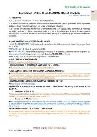 CEIP CASTILLO DE ANZUR

VI
GESTIÓN SOSTENIBLE DE LOS RECURSOS Y DE LOS RESIDUOS
Volver sumario Proyecto Gestión

1. OBJETIVOS
1.1. Favorecer la conservación y la mejora del medioambiente.
1.2. Implicar al centro en campañas de sostenibilidad medioambiental y social promovidas desde organismos
públicos o desde instituciones privadas que tengan un claro valor educativo.
1.3. Fomentar entre todos los miembros de la comunidad escolar y, en especial, entre el alumnado, la necesidad
de cuidar y preservar el entorno escolar como medio en el que se desenvuelve y de gestionar de manera razonable y eficiente los recursos disponibles, mediante acciones que logren este objetivo y que trasciendan del ámbito
del centro.
2. BASE NORMATIVA Y REFERENCIAS EN LA WEB
AGENDA/PROGRAMA 21 de la División de Desarrollo Sostenible del Departamento de Asuntos Económicos y Sociales de la ONU
LEY 2/2011, de 4 de marzo, de Economía Sostenible.
DIRECTIVA 2003/4/CEdel Parlamento Europeo y del Consejo de 28 de enero de 2003 relativa al acceso del público a la
información medioambiental y por la que se deroga la Directiva 90/313/CEE del Consejo
LEY 7/2007, de 9 de julio, de Gestión Integrada de la Calidad Ambiental.
¿QUÉ ES LA AGENDA O PROGRAMA 21?
http://es.wikipedia.org/wiki/Programa_21
EDUCACIÓN PARA EL DESARROLLO SOSTENIBLE EN LA UNESCO
http://www.unesco.org/es/education-for-sustainable-development/
¿QUÉ ES LA LEY DE GESTIÓN INTEGRADA DE LA CALIDAD AMBIENTAL?
http://www.juntadeandalucia.es/medioambiente/site/web/menuitem.a5664a214f73c3df81d8899661525ea0/?vgnextoi
d=8fc03a3f7849f010VgnVCM1000000624e50aRCRD&vgnextchannel=0c0c7e4232c2f010VgnVCM1000000624e50aRCR
D&lr=lang_es#apartado3fc03a3f7849f010VgnVCM1000000624e50a____
LIBRO BLANCO DE LA EDUCACIÓN AMBIENTAL EN ESPAÑA DE 1999
http://www.oei.es/salactsi/blanco.pdf
PROGRAMA ALDEA (EDUCACIÓN AMBIENTAL PARA LA COMUNIDAD EDUCATIVA) DE LA JUNTA DE ANDALUCÍA
- Consejería de Educación
http://www.juntadeandalucia.es/educacion/nav/contenido.jsp?pag=/Contenidos/OEE/planesyprogramas/PROGRAMASE
DUCATIVOS/PROGRAMAS_EDUCACION_AMBIENTAL/ALDEA
- Consejería de Medio Ambiente
http://www.juntadeandalucia.es/medioambiente/site/web/menuitem.a5664a214f73c3df81d8899661525ea0/?vgnextoi
d=cf405c5e54373210VgnVCM1000001325e50aRCRD&vgnextchannel=6a8c1c0a5a2e5010VgnVCM1000000624e50aRC
RD&lr=lang_es
ESTRATEGIA ANDALUZA DE DESARROLLO SOSTENIBLE

http://www.juntadeandalucia.es/medioambiente/site/web/menuitem.a5664a214f73c3df81d8899661525ea0/?vgnextoi
d=b9d6252e51685010VgnVCM1000000624e50aRCRD&vgnextchannel=0c0c7e4232c2f010VgnVCM1000000624e50aRC
RD&lr=lang_es

PLAN DE CENTRO | PROYECTO EDUCATIVO
© 2013/2014 CEIP Castillo de Anzur

287

 