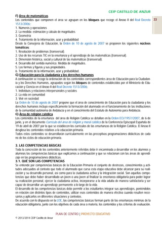 CEIP CASTILLO DE ANZUR
F) Área de matemáticas
Los contenidos que componen el área se agrupan en los bloques que recoge el Anexo II del Real Decreto 33
1513/2006:
1. Números y operaciones
2. La medida: estimación y cálculo de magnitudes
3. Geometría
4. Tratamiento de la información, azar y probabilidad
Desde la Consejería de Educación, la Orden de 10 de agosto de 2007 se proponen los siguientes núcleos
temáticos:
1. Resolución de problemas (transversal).
2. Uso de los recursos TIC en la enseñanza y el aprendizaje de las matemáticas (transversal).
3. Dimensión histórica, social y cultural de las matemáticas (transversal).
4. Desarrollo del sentido numérico. Medida de magnitudes.
5. Las formas y figuras y sus propiedades.
6. Tratamiento de la información, azar y probabilidad.
G) Educación para la ciudadanía y los derechos humanos
A continuación se recoge la ordenación de los contenidos correspondientes área de Educación para la Ciudadanía y los Derechos Humanos, agrupados según los bloques de contenidos establecidos por el Ministerio de Educación y Ciencia en el Anexo II del Real Decreto 1513/2006:
1. Individuos y relaciones interpersonales y sociales
2. La vida en comunidad
3. Vivir en sociedad
La Orden de 10 de agosto de 2007 propone que el área de conocimiento de Educación para la ciudadanía y los
derechos humanos incluya específicamente la formación del alumnado en el funcionamiento de las instituciones
de la comunidad autónoma de Andalucía y en el conocimiento del Estatuto de Autonomía para Andalucía.
G) Área de religión católica
Los contenidos de la enseñanza del área de Religión Católica se detallan en la Orden ECI/1957/2007, de 6 de
junio, y en el documento Currículo del área de religión y moral católica de la Conferencia Episcopal Española de
19 de abril de 2007 por la que se establecen los currículos de las enseñanzas de la Religión Católica. El Anexo II
desglosa los contenidos relativos a la educación primaria.
Todos estos contenidos se desarrollarán curricularmente en las preceptivas programaciones didácticas de cada
no de los ciclos de educación primaria.
3. LAS COMPETENCIAS BÁSICAS
Toda la concreción de los contenidos anteriormente referidos debe ir encaminada a desarrollar en los alumnos y
alumnas las competencias básicas que explicamos a continuación y que se relacionan con las áreas de aprendizaje en las programaciones didácticas.
3.1. QUÉ SON LAS COMPETENCIAS
Se entiende por competencias básicas de la Educación Primaria el conjunto de destrezas, conocimientos y actitudes adecuados al contexto que todo el alumnado que cursa esta etapa educativa debe alcanzar para su realización y su desarrollo personal, así como para la ciudadanía activa y la integración social. Son aquellas competencias que debe haber desarrollado un joven o una joven al finalizar la enseñanza obligatoria para poder lograr
su realización personal, ejercer la ciudadanía activa, incorporarse a la vida adulta de manera satisfactoria y ser
capaz de desarrollar un aprendizaje permanente a lo largo de la vida.
El desarrollo de las competencias básicas debe permitir a los estudiantes integrar sus aprendizajes, poniéndolos
en relación con distintos tipos de contenidos, utilizar esos contenidos de manera efectiva cuando resulten necesarios y aplicarlos en diferentes situaciones y contextos.
De acuerdo con lo dispuesto en la LOE, las competencias básicas forman parte de las enseñanzas mínimas de la
educación obligatoria, junto con los objetivos de cada área o materia, los contenidos y los criterios de evaluación.
PLAN DE CENTRO | PROYECTO EDUCATIVO
© 2013/2014 CEIP Castillo de Anzur

 