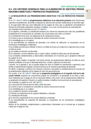 CEIP CASTILLO DE ANZUR

II.5. LOS CRITERIOS GENERALES PARA LA ELABORACIÓN DE NUESTRAS PROGRA54
MACIONES DIDÁCTICAS Y PROPUESTAS PEDAGÓGICAS
Volver sumario PROYECTO EDUCATIVO

1. LA REGULACIÓN DE LAS PROGRAMACIONES DIDÁCTICAS Y DE LAS PROPUESTAS PEDAGÓGICAS
El art. 27.1 del ROC define las programaciones didácticas en la educación primaria como instrumentos
específicos de planificación, desarrollo y evaluación de cada área del currículo establecido por la normativa vigente. De igual modo indica que serán elaboradas por los equipos de ciclo y que su aprobación corresponderá al
Claustro de Profesorado, pudiéndose actualizar o modificar, en su caso, tras los procesos de autoevaluación.
Sus contenidos vienen marcados en el art. 27.2 del ROC:
a) Los objetivos, contenidos y su distribución temporal y los criterios de evaluación para cada ciclo, posibilitando
la adaptación de la secuenciación de contenidos a las características del centro y su entorno.
b) La contribución de las áreas a la adquisición de las competencias básicas.
c) La forma en que se incorporan los contenidos de carácter transversal al currículo.
d) La metodología que se va a aplicar.
e) Los procedimientos de evaluación del alumnado y los criterios de calificación, en consonancia con las
orientaciones metodológicas establecidas.
f) Las medidas previstas para estimular el interés y el hábito de lectura y la mejora de la expresión oral y escrita
en todas las áreas.
g) Las medidas de atención a la diversidad.
h) Los materiales y recursos didácticos que se vayan a utilizar, incluidos los libros para uso del alumnado.
i) Las actividades complementarias y extraescolares relacionadas con el currículo, que se proponen realizar por
los equipos de ciclo.
Asimismo, según establece el apartado 3 del mismo artículo, las programaciones didácticas de todas las áreas
incluirán actividades en las que el alumnado deberá leer, escribir y expresarse de forma oral.
Y permite, en su apartado 4, que se puedan integrar las áreas en ámbitos de conocimiento y experiencia, para
facilitar un planteamiento integrado y relevante del proceso de enseñanza aprendizaje del alumnado.
Por último, el apartado 5 conmina a los maestros y maestras a desarrollar su actividad docente de acuerdo con
las programaciones didácticas de los equipos de ciclo a los que pertenezcan.
Por su parte, el art. 28.1 del ROC indica que las propuestas pedagógicas en el segundo ciclo de la educación infantil respetarán las características propias del crecimiento y el aprendizaje de los niños y niñas.
Serán elaboradas por el equipo de ciclo de educación infantil y como ocurre con las programaciones didácticas,
su aprobación corresponde al Claustro y se podrán actualizar o modificar tras los procesos de autoevaluación.
Sus contenidos se regulan en el art. 28.2 del ROC:
a) La concreción del currículo para los niños y niñas del centro.
b) La forma en que se incorporan los contenidos de carácter transversal al currículo.
c) La metodología que se va a aplicar.
d) Las medidas de atención a la diversidad.
e) El diseño y la organización de los espacios individuales y colectivos.
f) La distribución del tiempo.
g) La selección y organización de los recursos didácticos y materiales.
h) Los procedimientos de evaluación del alumnado, en consonancia con las orientaciones metodológicas
establecidas.
Además de las actividades complementarias y extraescolares relacionadas con el currículo que se proponen
realizar por el equipo de ciclo.

PLAN DE CENTRO | PROYECTO EDUCATIVO
© 2013/2014 CEIP Castillo de Anzur

 