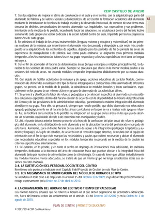 CEIP CASTILLO DE ANZUR
7. Con los objetivos de mejorar el clima de convivencia en el aula y en el centro, con la adquisición por parte del
alumnado de hábitos y de valores sociales y democráticos, de acrecentar la formación académica del alumnado 62
mediante la introducción de técnicas de trabajo escolar y de desarrollo intelectual, de conocer de una forma más
cercana las distintas personalidades de nuestro alumnado, sus inquietudes, sus expectativas y sus problemas,
intentando en la medida de lo posible, incardinarlo hacia las soluciones, se establecerá dentro del horario lectivo
semanal de cada grupo una sesión dedicada a la acción tutorial dentro del aula, impartida por los/as propios/as
tutores/as de cada grupo.
8. Se priorizará el trabajo de las áreas instrumentales (lenguas materna y extrajera y matemáticas) en las primeras sesiones de la mañana, por encontrarse el alumnado más descansado y despejado y, por ende más predispuesto a la adquisición de los contenidos de aquéllas, dejando para los períodos de fin de jornada las áreas de
experiencia, de manipulación o de plástica. Así, como pauta ordinaria, se asignarán estos primeros módulos
temporales a los/as maestros/as tutores/as en su grupo respectivo y a los/as especialistas en el área de lengua
extranjera.
9. Con el fin de acomodar el horario de determinadas áreas (lengua extranjera y religión, principalmente), la duración de las sesiones de éstas podrá variar. Siempre se procurará que afecte en la menor medida posible a las
sesiones del resto de áreas, no creando módulos temporales improductivos didácticamente por su escasa duración.
10. Con objeto de facilitar actividades de refuerzo y de apoyo, acciones educativas de carácter flexible, conmemoración de efemérides o cualquier otro tipo de tareas intergrupales o compartidas entre alumnado de diferentes
grupos, se preverá, en la medida de lo posible, la coincidencia de módulos horarios y áreas curriculares, especialmente en los grupos de un mismo ciclo o en grupos de alumnado de características afines.
11. Se preverá y planificará la labor de refuerzo pedagógico y de atención específica al alumnado con necesidades educativas especiales dentro del horario escolar de acuerdo con la disponibilidad de horario del profesorado
del Centro y de las previsiones de la administración educativa, garantizando la máxima integración del alumnado
atendido en su grupo. Para ello, se procurará, siempre que resulte posible, que dicho alumnado sea reforzado o
apoyado pedagógicamente en el horario de las áreas curriculares en lasque se va a realizar este apoyo o refuerzo. Así, se facilitará en la medida de lo posibles su integración en su grupo en las áreas en las que puede alcanzar un desarrollo equiparable al resto o de contenido más manipulativo y lúdico.
12. Así, el punto deberá anterior tenerse presente a la hora de la confección del plan anual de refuerzo pedagógico del alumnado, en la distribución de este alumnado y en la ubicación horaria del profesorado encargado de
esta tarea. Asimismo, para el diseño horario de las aulas de apoyo a la integración (pedagogía terapéutica y audición y lenguaje), el/la jefe de estudios, de acuerdo con el resto del equipo directivo, se reunirá con el equipo de
orientación con el fin de que éste marque las necesidades y pautas que estime necesarias y ubicar al alumnado
con necesidades educativas especiales en los módulos temporales respetando en la medida de lo posible los
criterios especificados anteriormente.
13. Se evitarán, en lo posible, y en tanto el centro no disponga de instalaciones más adecuadas, los módulos
temporales dedicados a la docencia del área de educación física que puedan afectar a la integridad física del
alumnado tanto por razones de alimentación como de climatología. En caso de tener que utilizar ineludiblemente
los módulos horarios menos adecuados, se tratará de que un mismo grupo no tenga establecidas todas sus sesiones en estos módulos.
3.4. LA SUSTITUCIÓN DEL PERSONAL DOCENTE DEL CENTRO
Remitimos este punto a lo indicado en el Capítulo II del Proyecto de Gestión de este Plan de Centro.
3.5. LOS MECANISMOS DE MODIFICACIÓN DEL MODELO DE HORARIO LECTIVO
Se atenderá en todo caso a lo dispuesto en artículo 15 del Decreto 301/2009, cuyo desarrollo procedimental se
recoge expresamente en la Orden de 27 de abril de 2010.
4. LA ORGANIZACIÓN DEL HORARIO NO LECTIVO O TIEMPO EXTRAESCOLAR
Las normas básicas actuales que se refieren al horario en el que deben organizarse las actividades extraescolares, fuera del horario lectivo las encontramos en el artículo 13 del Decreto 301/2009 y en la Orden de 3 de
agosto de 2010.
PLAN DE CENTRO | PROYECTO EDUCATIVO
© 2013/2014 CEIP Castillo de Anzur

 