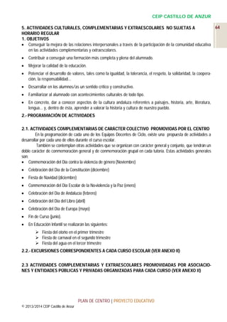 CEIP CASTILLO DE ANZUR
64
5. ACTIVIDADES CULTURALES, COMPLEMENTARIAS Y EXTRAESCOLARES NO SUJETAS A
HORARIO REGULAR
1. OBJETIVOS
 Conseguir la mejora de las relaciones interpersonales a través de la participación de la comunidad educativa
en las actividades complementarias y extraescolares.


Contribuir a conseguir una formación más completa y plena del alumnado.



Mejorar la calidad de la educación.



Potenciar el desarrollo de valores, tales como la igualdad, la tolerancia, el respeto, la solidaridad, la cooperación, la responsabilidad...



Desarrollar en los alumnos/as un sentido crítico y constructivo.



Familiarizar al alumnado con acontecimientos culturales de todo tipo.



En concreto, dar a conocer aspectos de la cultura andaluza referentes a paisajes, historia, arte, literatura,
lengua... y, dentro de ésta, aprender a valorar la historia y cultura de nuestro pueblo.

2.- PROGRAMACIÓN DE ACTIVIDADES
2.1. ACTIVIDADES COMPLEMENTARIAS DE CARÁCTER COLECTIVO PROMOVIDAS POR EL CENTRO
En la programación de cada uno de los Equipos Docentes de Ciclo, existe una propuesta de actividades a
desarrollar por cada uno de ellos durante el curso escolar.
También se contemplan otras actividades que se organizan con carácter general y conjunto, que tendrán un
doble carácter de conmemoración general y de conmemoración grupal en cada tutoría. Estas actividades generales
son:
 Conmemoración del Día contra la violencia de género (Noviembre)


Celebración del Día de la Constitución (diciembre)



Fiesta de Navidad (diciembre)



Conmemoración del Día Escolar de la No-violencia y la Paz (enero)



Celebración del Día de Andalucía (febrero)



Celebración del Día del Libro (abril)



Celebración del Día de Europa (mayo)



Fin de Curso (junio).



En Educación Infantil se realizarán las siguientes:
 Fiesta del otoño en el primer trimestre
 Fiesta de carnaval en el segundo trimestre
 Fiesta del agua en el tercer trimestre

2.2.- EXCURSIONES CORRESPONDIENTES A CADA CURSO ESCOLAR (VER ANEXO II)
2.3 ACTIVIDADES COMPLEMENTARIAS Y EXTRAESCOLARES PROMOVIDADAS POR ASOCIACIONES Y ENTIDADES PÚBLICAS Y PRIVADAS ORGANIZADAS PARA CADA CURSO (VER ANEXO II)

PLAN DE CENTRO | PROYECTO EDUCATIVO
© 2013/2014 CEIP Castillo de Anzur

 