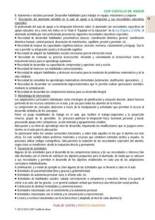 CEIP CASTILLO DE ANZUR
8. Autonomía e iniciativa personal. Desarrollar habilidades para trabajar en equipo, relacionarse y cooperar.
C. Descripción del alumnado atendido en el aula de apoyo a la integración y sus necesidades educativas 70
especiales:
El profesorado del aula de apoyo a la integración interviene sobre el alumnado con necesidades específicas de
apoyo educativo, tal y como nos indica en el Título II “Equidad en la educación” de la Ley Orgánica 2/2006, el
alumnado atendido por este profesorado presenta las siguientes necesidades educativas especiales:
 Necesidad de desarrollar habilidades psicomotrices básicas: coordinación dinámica general, coordinación
dinámica manual, control postural, disociación de movimientos, equilibrio, presión y prensión, etc.
 Necesidad de mejorar las capacidades cognitivas básicas: atención, memoria, razonamiento y lenguaje. Que le
van a permitir su integración social y el desarrollo cognitivo.
 Necesidad de adquirir las habilidades sociales necesarias para la interacción social.
 Necesidad de estimular su proceso lecto-escritor, iniciando y consolidando la lectoescritura como un
instrumento básico para el aprendizaje autónomo.
 Necesidad de desarrollar su capacidad de comprensión y expresión, oral y escrita.
 Necesidad de favorecer sus habilidades conversacionales.
 Necesidad de adquirir habilidades y destrezas necesarias para la resolución de problemas matemáticos y de la
vida cotidiana.
 Necesidad de consolidar los aprendizajes matemáticos elementales (ordenación, clasificación, operaciones,…).
 Necesidad de desarrollar un razonamiento lógico-matemático que le permita realizar operaciones mentales,
mediante la simbolización.
 Necesidad de desarrollar las competencias básicas para su desarrollo integral.
D. Metodología de intervención:
Las adaptaciones curriculares individuales como estrategias de planificación y actuación docente, deben hacerse
partiendo de los recursos existentes en el aula, y de uso para todos los alumnos de la misma.
La comprensión de conceptos abstractos a través de la manipulación y actividades que permitan el acceso al
desarrollo simbólico de los conceptos.
Poner en juego modalidades de trabajo en el aula, que faciliten el trabajo cooperativo y la proyección
refuerzo grupal de lo aprendido. Se procurara optimizar la integración física, funcional, personal y social,
procurando apoyo entre compañeros, acción tutorada y agrupamientos estables.
Adecuación a su ritmo de aprendizaje nivel de desarrollo, impulsando las modificaciones que se juzguen convenientes en el aula para la adecuación.
Se potenciarán todos los canales sensoriales funcionales, y sobre todo aquellos en los que el alumno sea más
eficaz. En este sentido deben preferirse materiales y recursos que combinen estímulos táctiles y visuales. Se
procurará utilizar códigos iconográficos. Adecuaremos la evolución de las necesidades especiales del alumno,
según éstas se manifiesten, desde la evaluación directa y permanente.
E. Secuencia de actividades:
Algunas de las actividades para el desarrollo de las competencias básicas y de sus necesidades e intereses han
sido diseñadas con el criterio de satisfacer los objetivos propuestos para el alumnado, de modo que se adecuen
a sus necesidades y permitan el desarrollo de los objetivos establecidos en cada una de las adaptaciones
curriculares individualizadas.
A continuación, y a modo de ejemplo se citan algunas de las actividades que se llevarán a cabo en el aula:
 Actividades de psicomotricidad (fina y gruesa) y grafomotricidad.
 Actividades de autonomía personal: aseo, ir al baño solo, etc.
 Actividades de habilidades sociales: saludar correctamente a compañeros y maestros, llamar a la puerta al
entrar a un aula, dar las gracias...y en general cualquier actitud que favorezca una interacción social positiva.
 Celebración de distintas festividades y conmemoraciones
 Actividades relacionadas con el conocimiento y la autonomía personal.
 Actividades relacionadas con el entorno y la comunicación y representación.
 Lectura y escritura relacionadas con la lectoescritura ( adaptada al nivel de cada alumno/a)
PLAN DE CENTRO | PROYECTO EDUCATIVO
© 2013/2014 CEIP Castillo de Anzur

 