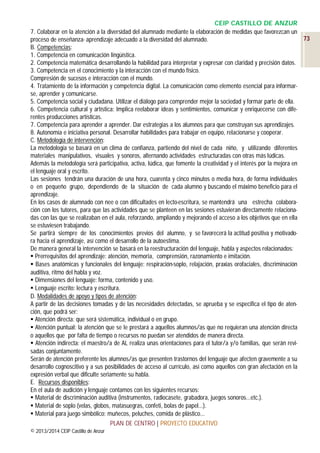 CEIP CASTILLO DE ANZUR
7. Colaborar en la atención a la diversidad del alumnado mediante la elaboración de medidas que favorezcan un
73
proceso de enseñanza- aprendizaje adecuado a la diversidad del alumnado.
B. Competencias:
1. Competencia en comunicación lingüística.
2. Competencia matemática desarrollando la habilidad para interpretar y expresar con claridad y precisión datos.
3. Competencia en el conocimiento y la interacción con el mundo físico.
Compresión de sucesos e interacción con el mundo.
4. Tratamiento de la información y competencia digital. La comunicación como elemento esencial para informarse, aprender y comunicarse.
5. Competencia social y ciudadana. Utilizar el diálogo para comprender mejor la sociedad y formar parte de ella.
6. Competencia cultural y artística: Implica reelaborar ideas y sentimientos, comunicar y enriquecerse con diferentes producciones artísticas.
7. Competencia para aprender a aprender. Dar estrategias a los alumnos para que construyan sus aprendizajes.
8. Autonomía e iniciativa personal. Desarrollar habilidades para trabajar en equipo, relacionarse y cooperar.
C. Metodología de intervención:
La metodología se basará en un clima de confianza, partiendo del nivel de cada niño, y utilizando diferentes
materiales manipulativos, visuales y sonoros, alternando actividades estructuradas con otras más lúdicas.
Además la metodología será participativa, activa, lúdica, que fomente la creatividad y el interés por la mejora en
el lenguaje oral y escrito.
Las sesiones tendrán una duración de una hora, cuarenta y cinco minutos o media hora, de forma individuales
o en pequeño grupo, dependiendo de la situación de cada alumno y buscando el máximo beneficio para el
aprendizaje.
En los casos de alumnado con nee o con dificultades en lecto-escritura, se mantendrá una estrecha colaboración con los tutores, para que las actividades que se planteen en las sesiones estuvieran directamente relacionadas con las que se realizaban en el aula, reforzando, ampliando y mejorando el acceso a los objetivos que en ella
se estuviesen trabajando.
Se partirá siempre de los conocimientos previos del alumno, y se favorecerá la actitud positiva y motivadora hacia el aprendizaje, así como el desarrollo de la autoestima.
De manera general la intervención se basará en la reestructuración del lenguaje, habla y aspectos relacionados:
 Prerrequisitos del aprendizaje: atención, memoria, comprensión, razonamiento e imitación.
 Bases anatómicas y funcionales del lenguaje: respiración-soplo, relajación, praxias orofaciales, discriminación
auditiva, ritmo del habla y voz.
 Dimensiones del lenguaje: forma, contenido y uso.
 Lenguaje escrito: lectura y escritura.
D. Modalidades de apoyo y tipos de atención:
A partir de las decisiones tomadas y de las necesidades detectadas, se aprueba y se especifica el tipo de atención, que podrá ser:
 Atención directa: que será sistemática, individual o en grupo.
 Atención puntual: la atención que se le prestará a aquellos alumnos/as que no requieran una atención directa
o aquellos que por falta de tiempo o recursos no puedan ser atendidos de manera directa.
 Atención indirecta: el maestro/a de AL realiza unas orientaciones para el tutor/a y/o familias, que serán revisadas conjuntamente.
Serán de atención preferente los alumnos/as que presenten trastornos del lenguaje que afecten gravemente a su
desarrollo cognoscitivo y a sus posibilidades de acceso al currículo, así como aquellos con gran afectación en la
expresión verbal que dificulte seriamente su habla.
E. Recursos disponibles:
En el aula de audición y lenguaje contamos con los siguientes recursos:
 Material de discriminación auditiva (instrumentos, radiocasete, grabadora, juegos sonoros...etc.).
 Material de soplo (velas, globos, matasuegras, confeti, bolas de papel...).
 Material para juego simbólico: muñecos, peluches, comida de plástico...
PLAN DE CENTRO | PROYECTO EDUCATIVO
© 2013/2014 CEIP Castillo de Anzur

 