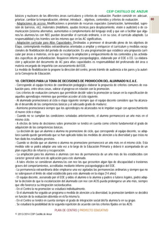 CEIP CASTILLO DE ANZUR
básicos y nucleares de las diferentes áreas curriculares y criterios de evaluación. Pueden consistir en: adecuar,
80
priorizar, cambiar la temporalización, eliminar, introducir… objetivos, contenidos y criterios de evaluación.
- Adaptaciones de acceso: Modificaciones o provisión de recursos espaciales (sonorización, luminosidad, supresión de barreras, etc), materiales (mobiliario, ayudas técnicas para desplazamiento, visión o audición) o de comunicación (sistema alternativo, aumentativo o complementario del lenguaje oral) y que van a facilitar que algunos/as alumnos/as con NEE puedan desarrollar el currículo ordinario, o en su caso, el currículo adaptado. La
responsabilidad y los trámites son los mismos que en las AC significativas.
- Adaptación curricular para Altas Capacidades: Destinadas a promover el desarrollo pleno de los objetivos de
Etapa, contemplando medidas extraordinarias orientadas a ampliar y enriquecer el currículum y medidas excepcionales de flexibilización del periodo de escolarización. Es una programación que establece una propuesta curricular por áreas o materias, en la que se recoge la ampliación y enriquecimiento de los contenidos y las actividades específicas de profundización. Requieren informe psicopedagógico, elaborado por el EOE o EO. La elaboración y aplicación del documento de AC para altas capacidades es responsabilidad del profesorado del área o
materia encargado de impartirla con asesoramiento del EOE.
La medida de flexibilización la propone la dirección del centro, previo trámite de audiencia a los pares y la autoriza la Consejería de Educación.
10. CRITERIOS PARA LA TOMA DE DECISIONES DE PROMOCIÓN DEL ALUMNADO N.E.A.E.
- Corresponde al equipo técnico de coordinación pedagógica elaborar la propuesta de criterios comunes de evaluación para, entre otras cosas, valorar el progreso en relación con la promoción.
- Los criterios de evaluación comunes que permitirán decidir sobre la promoción se basan en la especificación de
aquellos aprendizajes mínimos que permitan acceder al ciclo siguiente.
- Al alumnado promocionará al ciclo o etapa siguiente siempre que el equipo docente considere que ha alcanzado el desarrollo de las competencias básicas y el adecuado grado de madurez.
- Asimismo promocionará siempre que los aprendizajes no alcanzados no le impidan seguir con aprovechamiento
el nuevo ciclo o etapa.
- Cuando no se cumplan las condiciones señaladas anteriormente, el alumno permanecerá un año más en el
mismo ciclo.
- A efectos de toma de decisiones sobre promoción se tendrá en cuenta como criterio fundamental el grado de
adquisición de las competencias básicas.
. La decisión de que un alumno o alumna no promocione de ciclo, que corresponde al equipo docente, se adoptará cuando quede garantizado que se han aplicado todas las medidas de atención a la diversidad y que éstas no
han dado los resultados previstos.
- Cuando se decida que un alumno o alumna no promocione permanecerá un año más en el mismo ciclo. Esta
medida sólo se podrá adoptar una sola vez a lo largo de la Educación Primaria y deberá ir acompañada de un
plan específico de refuerzo y recuperación.
- La ampliación para los alumnos o alumnas con nee de permanencia de un año más de los establecidos con
carácter general sólo será de aplicación para este alumnado.
- A tales efectos se consideran alumnos/as con nee los que presenten algún tipo de discapacidad o trastornos
graves del comportamientos, acreditadas mediante informe psicopedagógico del EOE.
- La permanencia extraordinaria debe emplearse una vez agotadas las permanencias ordinarias y siempre que no
se sobrepasen el límite de edad establecido para este alumnado en la etapa (14 años)
- El equipo docente, asesorado por el EOE y oidos el alumno o la alumna y padres o tutores legales, podrá adoptar la decisión de que la escolarización del alumnado con nee con ACIS pueda prolongarse un año más, siempre
que ello favorezca su integración socioeducativa.
- En el Centro la no promoción se estudiará individualmente.
- Si el alumnado ha seguido un programa o medida de atención a la diversidad, la promoción también se decidirá
en función de la evaluación obtenida en el/la mismo/a.
- En el Centro se tendrá en cuenta siempre el grado de integración social del/la alumno/a en su grupo.
. Se estudiará la posibilidad de la segunda repetición de acuerdo con los criterios fijados en las ACIS
PLAN DE CENTRO | PROYECTO EDUCATIVO
© 2013/2014 CEIP Castillo de Anzur

 