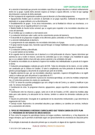 CEIP CASTILLO DE ANZUR
 La atención al alumnado que presente necesidades específicas de apoyo educativo se realizará ordinariamente
dentro de su grupo. Cuando dicha atención requiera un tiempo o espacio diferente, se hará sin que suponga 84
discriminación o exclusión de dicho alumnado.
 Entre la propuesta de organización académica para la Atención a la Diversidad proponemos:
 Agrupamientos flexibles para la atención al alumnado en un grupo específico, facilitando la integración del
alumnado en su grupo ordinario y no su discriminación.
 Desdoblamientos de grupos en las áreas instrumentales, con la finalidad de reforzar sus enseñanzas, o refuerzo en grupo con un segundo profesor/a en el aula.
 Modelo flexible de horario lectivo semanal, que se seguirá para responder a las necesidades educativas concretas del alumnado.
 Las medidas que se establecen a nivel tutorial serán:
 La evaluación inicial para saber cuáles son los conocimientos previos del alumno/a.
 El desarrollo de las propuestas recogidas en los diferentes planes contenidos en el Proyecto Educativo.
 La atención individualizada al alumno/a.
 La programación de aula adaptada a las necesidades detectadas en el grupo.
 El apoyo tutorial al grupo clase, haciendo especial hincapié en trabajar habilidades sociales y cognitivas y pautas para el estudio.
 La evaluación continua y diversificada.
 La acción tutorial con las familias.
 Un segundo nivel de intervención con el alumno/a es el del profesorado de refuerzo. Supone determinar qué
alumnos/as van a recibir el refuerzo, concretar los contenidos que se van a trabajar y las modalidad de apoyo
que se va a adoptar (dentro o fuera del aula, previo o posterior a las actividades del aula).
 Cuando las necesidades de un alumno/a requieren de medidas más individualizadas se procede de la siguiente forma:
 Evaluación psicopedagógica realizada por parte del EOE. Todas las demandas de los tutores, en este sentido,
son canalizadas por la Jefatura de Estudios. El tutor/a cumplimenta una ficha protocolo de demanda de diagnóstico psicopedagógico y documento de aceptación por parte de la familia.
 Aquellos alumnos/as que, por sus necesidades educativas especiales, requieren ACI(significativa o no significativa) se realizan por parte del profesor/a especialista de P.T.
 Para poder organizar correctamente el proceso de enseñanza-aprendizaje, así como las medidas compensatorias, el Centro tiene previstos tres niveles de coordinación:
 ETCP. Se toman los acuerdos pedagógicos que van a dirigir la vida del Centro y se valoran y modifican si procede. Se convoca mensualmente.
 Coordinación de ciclos. Se programan refuerzos, agrupaciones, apoyos específicos, actividades complementarias, etc.
 Coordinación entre los refuerzos y apoyos. Junto con el Jefe de Estudios y el EOE, valoran las medidas adoptadas para cada alumno y la adecuación de las mismas, también se valoran las demandas realizadas por los
tutores.
 Claustro de profesorado. Encargado de la aprobación de los documentos institucionales y que determinan la
organización del Centro.
 Consejo escolar. Representa a la comunidad educativa y que colabora y se coordina con servicios, instituciones y asociaciones del entorno.
3. TIPOS DE PROGRAMAS O MEDIDAS CURRICULARES QUE TIENEN CABIDA EN ESTE PLAN
3.1. PROGRAMA DE REFUERZO DE ÁREAS BÁSICAS
 Tiene como fin asegurar los aprendizajes básicos de lengua castellana, matemáticas y, si hay disposición, de
lengua extranjera, que le permitan al alumnado seguir con aprovechamiento las enseñanzas de educación primaria.
 Está dirigido al alumnado de educación primaria que se encuentre en alguna de las siguientes situaciones:
PLAN DE CENTRO | PROYECTO EDUCATIVO
© 2013/2014 CEIP Castillo de Anzur

 