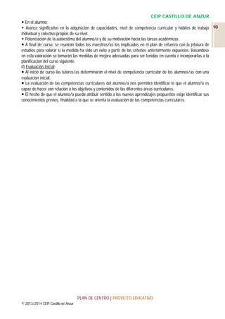 CEIP CASTILLO DE ANZUR
 En el alumno:
 Avance significativo en la adquisición de capacidades, nivel de competencia curricular y hábitos de trabajo 90
individual y colectivo propios de su nivel.
 Potenciación de la autoestima del alumno/a y de su motivación hacia las tareas académicas.
 A final de curso, se reunirán todos los maestros/as los implicados en el plan de refuerzo con la jefatura de
estudios para valorar si la medida ha sido un éxito a partir de los criterios anteriormente expuestos. Basándose
en esta valoración se tomarán las medidas de mejora adecuadas para ser tenidas en cuenta e incorporarlas a la
planificación del curso siguiente.
d) Evaluación Inicial:
 Al inicio de curso los tutores/as determinarán el nivel de competencia curricular de los alumnos/as con una
evaluación inicial.
 La evaluación de las competencias curriculares del alumno/a nos permitirá identificar lo que el alumno/a es
capaz de hacer con relación a los objetivos y contenidos de las diferentes áreas curriculares.
 El hecho de que el alumno/a pueda atribuir sentido a los nuevos aprendizajes propuestos exige identificar sus
conocimientos previos, finalidad a la que se orienta la evaluación de las competencias curriculares.

PLAN DE CENTRO | PROYECTO EDUCATIVO
© 2013/2014 CEIP Castillo de Anzur

 