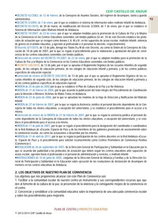 CEIP CASTILLO DE ANZUR
DECRETO 42/2002, de 12 de febrero, de la Consejería de Asuntos Sociales, del régimen de desamparo, tutela y guarda
administrativa.
DECRETO 3/2004, de 7 de enero, por el que se establece el sistema de información sobre maltrato infantil de Andalucía.
DECRETO 81/2010, de 30 de marzo, de modificación del Decreto 3/2004, de 7 de enero, por el que se establece el
Sistema de Información sobre Maltrato Infantil de Andalucía.
DECRETO 19/2007, de 23 de enero, por el que se adoptan medidas para la promoción de la Cultura de Paz y la Mejora
de la Convivencia en los Centros Educativos sostenidos con fondos públicos (el art. 34 de este Decreto establece los protocolos de actuación que se recogen como Anexos I, II, III y IV, en los supuestos de acoso escolar, maltrato infantil, violencia
de género en el ámbito educativo, y agresión al profesorado o el personal no docente, respectivamente).
El Decreto 327/2010, de 13 de julio, deroga los Títulos II y III de este Decreto, así como la Orden de la Consejería de Educación de 18 de julio de 2007, por la que se regula el procedimiento para la elaboración y aprobación del plan de convivencia de los centros educativos sostenidos con fondos públicos.
Corrección de errores del DECRETO 19/2007, de 23 de enero, por el que se adoptan medidas para la promoción de la
Cultura de Paz y la Mejora de la Convivencia en los Centros Educativos sostenidos con fondos públicos.
DECRETO 328/2010, de 13 de julio, por el que se aprueba el Reglamento Orgánico de las escuelas infantiles de segundo
grado, de los colegios de educación primaria, de los colegios de educación infantil y primaria, y de los centros públicos
específicos de educación especial.
Corrección de errores al DECRETO 328/2010, de 13 de julio, por el que se aprueba el Reglamento Orgánico de las escuelas infantiles de segundo ciclo, de los colegios de educación primaria, de los colegios de educación infantil y primaria y
de los centros públicos específicos de educación especial.
ORDEN de 25 de julio de 2002 por la que se establece el Plan de Cultura de la Paz y la No Violencia.
ORDEN de 11 de febrero de 2004, por la que acuerda la publicación del texto íntegro del Procedimiento de Coordinación
para la Atención a Menores Víctimas de Malos Tratos en Andalucía.
ORDEN de 23 de junio de 2006, por la que se aprueban los modelos de la Hoja de Detección y Notificación del Maltrato
Infantil.
ORDEN de 27 de febrero de 2007, por la que se regula la Asistencia Jurídica al personal docente dependiente de la Consejería de todos los niveles educativos, a excepción del universitario, y se establece el procedimiento para el acceso a la
misma.
Corrección de errores de la ORDEN de 27 de febrero de 2007, por la que se regula la asistencia jurídica al personal docente dependiente de la Consejería de Educación de todos los niveles educativos, a excepción del universitario, y se establece el procedimiento para el acceso a la misma.
ORDEN de 11 de julio de 2007, por la que se regula el procedimiento para la designación del coordinador o coordinadora
de la Red Andaluza de «Escuela: Espacio de Paz» y de los miembros de los gabinetes provinciales de asesoramiento sobre
la convivencia escolar, así como las actuaciones a desarrollar por los mismos.
ORDEN de 11 de abril de 2011, por la que se regula la participación de los centros docentes en la Red Andaluza «Escuela: Espacio de Paz» y el procedimiento para solicitar reconocimiento como Centros Promotores de Convivencia Positiva
(Convivencia+).
RESOLUCIÓN de 26 de septiembre de 2007, de la Dirección General de Participación y Solidaridad en la Educación por la
que se acuerda dar publicidad a los protocolos de actuación que deben seguir los centros educativos ante supuestos de
acoso escolar, agresión hacia el profesorado o el personal de administración y servicios, o maltrato infantil.
INSTRUCCIONES de 10 de junio de 2005, conjuntas de la Dirección General de Infancia y Familias y de la Dirección General de Participación y Solidaridad en la Educación sobre ejecución de las resoluciones de declaración de desamparo de
menores en los centros educativos de Andalucía.

2. LOS OBJETIVOS DE NUESTRO PLAN DE CONVIVENCIA
Los objetivos que nos proponemos alcanzar con este Plan de Convivencia son:
1. Facilitar a la comunidad escolar de nuestro centro un instrumento y sus correspondientes recursos que ayuden al fomento de la cultura de la paz, la prevención de la violencia y la consiguiente mejora de la convivencia en
el centro.
2. Concienciar y sensibilizar a la comunidad educativa sobre la importancia de una adecuada convivencia escolar
y sobre los procedimientos para mejorarla.

PLAN DE CENTRO | PROYECTO EDUCATIVO
© 2013/2014 CEIP Castillo de Anzur

93

 