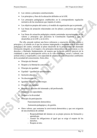Proyecto Educativo

IES “Virgen de la Cabeza”

•

Los valores y principios constitucionales.

•

Los principios y fines de la educación definidos en la LOE.

•

Los principios pedagógicos establecidos en la correspondiente regulación
normativa de las enseñanzas que imparta el centro.

•

Los objetivos propios del centro y el modelo de organización que se pretende.

•

Las líneas de actuación relacionadas con los planes y proyectos que tiene el
centro.

•

Las líneas de actuación pedagógica estarán sustentadas necesariamente en los
valores y principios que preconiza la Constitución Española y que se
desarrollan en la LOE y en la LEA.

Por ello, procede realizar una breve referencia y concreción de tales valores y
principios y el sentido en el que los mismos impregnarán e inspirarán toda la actividad
pedagógica del centro, orientada al pleno desarrollo de la personalidad del alumnado
(formación integral), en el respeto a los principios democráticos de convivencia y a los
derechos y libertades fundamentales, de manera que le faculte para el ejercicio de la
ciudadanía y para la participación activa en la vida económica, social y cultural, con
actitud crítica y responsable y con capacidad de adaptación a las situaciones cambiantes
de la sociedad del conocimiento. Entre ellos:
•

Principio de libertad:

•

Respeto a la libertad de conciencia.

•

Principio de igualdad:

•

Equidad = igualdad de oportunidades.

•

Inclusión educativa.

•

No discriminación.

•

Igualdad efectiva hombre/mujer.

•

Principio de dignidad:

•

Respeto de derechos del alumnado y del profesorado.

•

Desarrollo de capacidades.

•

Respeto a la diversidad.

•

Principio de participación:
Funcionamiento democrático.
Autonomía pedagógica y de gestión.

•

Otros valores, que sustentan la convivencia democrática y que son exigencia
de una enseñanza de calidad:
- Responsabilidad del alumno en su propio proceso de formación y
aprendizaje.
- Asumir las obligaciones al igual que se exige el respeto de los
derechos.
- Respeto al otro.

Pág. 12

 