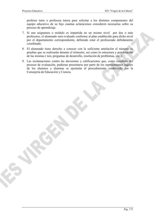 Proyecto Educativo

IES “Virgen de la Cabeza”

profesor tutor o profesora tutora para solicitar a los distintos componentes del
equipo educativo de su hijo cuantas aclaraciones consideren necesarias sobre su
proceso de aprendizaje.
7. Si una asignatura o módulo es impartida en un mismo nivel por dos o más
profesores, el alumnado será evaluado conforme al plan establecido para dicho nivel
por el departamento correspondiente, debiendo estar el profesorado debidamente
coordinado.
8. El alumnado tiene derecho a conocer con la suficiente antelación el número de
pruebas que se realizarán durante el trimestre, así como la estructura y ponderación
de las mismas ( test, preguntas de desarrollo, resolución de problemas, etc. ).
9. Las reclamaciones contra las decisiones y calificaciones que, como resultado del
proceso de evaluación, pudieran presentarse por parte de los representantes legales
de los alumnos y alumnas se ajustarán al procedimiento establecido por la
Consejería de Educación y Ciencia.

Pág. 172

 