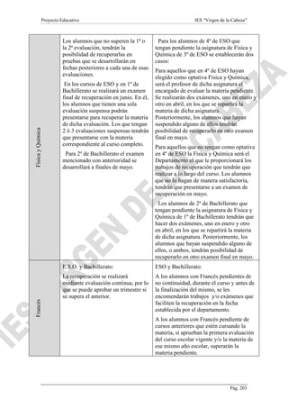 Proyecto Educativo

Física y Química

Los alumnos que no superen la 1ª o
la 2ª evaluación, tendrán la
posibilidad de recuperarlas en
pruebas que se desarrollarán en
fechas posteriores a cada una de esas
evaluaciones.
En los cursos de ESO y en 1º de
Bachillerato se realizará un examen
final de recuperación en junio. En él,
los alumnos que tienen una sola
evaluación suspensa podrán
presentarse para recuperar la materia
de dicha evaluación. Los que tengan
2 ó 3 evaluaciones suspensas tendrán
que presentarse con la materia
correspondiente al curso completo.
Para 2º de Bachillerato el examen
mencionado con anterioridad se
desarrollará a finales de mayo.

IES “Virgen de la Cabeza”

Para los alumnos de 4º de ESO que
tengan pendiente la asignatura de Física y
Química de 3º de ESO se establecerán dos
casos:
Para aquellos que en 4º de ESO hayan
elegido como optativa Física y Química,
será el profesor de dicha asignatura el
encargado de evaluar la materia pendiente.
Se realizarán dos exámenes, uno en enero y
otro en abril, en los que se repartirá la
materia de dicha asignatura.
Posteriormente, los alumnos que hayan
suspendido alguno de ellos tendrán
posibilidad de recuperarlo en otro examen
final en mayo.
Para aquellos que no tengan como optativa
en 4º de ESO la Física y Química será el
Departamento el que le proporcionará los
trabajos de recuperación que tendrán que
realizar a lo largo del curso. Los alumnos
que no lo hagan de manera satisfactoria,
tendrán que presentarse a un examen de
recuperación en mayo.
Los alumnos de 2º de Bachillerato que
tengan pendiente la asignatura de Física y
Química de 1º de Bachillerato tendrán que
hacer dos exámenes, uno en enero y otro
en abril, en los que se repartirá la materia
de dicha asignatura. Posteriormente, los
alumnos que hayan suspendido alguno de
ellos, o ambos, tendrán posibilidad de
recuperarlo en otro examen final en mayo.

Francés

E.S.O. y Bachillerato:

ESO y Bachillerato:

La recuperación se realizará
mediante evaluación continua, por lo
que se puede aprobar un trimestre si
se supera el anterior.

A los alumnos con Francés pendientes de
no continuidad, durante el curso y antes de
la finalización del mismo, se les
encomendarán trabajos y/o exámenes que
faciliten la recuperación en la fecha
establecida por el departamento.
A los alumnos con Francés pendiente de
cursos anteriores que estén cursando la
materia, si aprueban la primera evaluación
del curso escolar vigente y/o la materia de
ese mismo año escolar, superarán la
materia pendiente.

Pág. 203

 