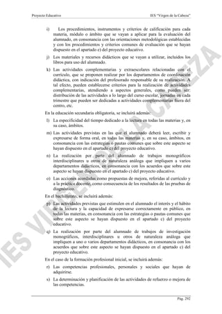Proyecto Educativo

i)

IES “Virgen de la Cabeza”

Los procedimientos, instrumentos y criterios de calificación para cada
materia, módulo o ámbito que se vayan a aplicar para la evaluación del
alumnado, en consonancia con las orientaciones metodológicas establecidas
y con los procedimientos y criterios comunes de evaluación que se hayan
dispuesto en el apartado e) del proyecto educativo.

j) Los materiales y recursos didácticos que se vayan a utilizar, incluidos los
libros para uso del alumnado.
k) Las actividades complementarias y extraescolares relacionadas con el
currículo, que se proponen realizar por los departamentos de coordinación
didáctica, con indicación del profesorado responsable de su realización. A
tal efecto, pueden establecerse criterios para la realización de actividades
complementarias, atendiendo a aspectos generales, como pueden ser:
distribución de las actividades a lo largo del curso escolar, jornadas en cada
trimestre que pueden ser dedicadas a actividades complementarias fuera del
centro, etc.
En la educación secundaria obligatoria, se incluirá además:
l) La especificidad del tiempo dedicado a la lectura en todas las materias y, en
su caso, ámbitos.
m) Las actividades previstas en las que el alumnado deberá leer, escribir y
expresarse de forma oral, en todas las materias y, en su caso, ámbitos, en
consonancia con las estrategias o pautas comunes que sobre este aspecto se
hayan dispuesto en el apartado c) del proyecto educativo.
n) La realización por parte del alumnado de trabajos monográficos
interdisciplinares u otros de naturaleza análoga que impliquen a varios
departamentos didácticos, en consonancia con los acuerdos que sobre este
aspecto se hayan dispuesto en el apartado c) del proyecto educativo.
o) Las acciones acordadas como propuestas de mejora, referidas al currículo y
a la práctica docente, como consecuencia de los resultados de las pruebas de
diagnóstico.
En el bachillerato, se incluirá además:
p) Las actividades previstas que estimulen en el alumnado el interés y el hábito
de la lectura y la capacidad de expresarse correctamente en público, en
todas las materias, en consonancia con las estrategias o pautas comunes que
sobre este aspecto se hayan dispuesto en el apartado c) del proyecto
educativo.
q) La realización por parte del alumnado de trabajos de investigación
monográficos, interdisciplinares u otros de naturaleza análoga que
impliquen a uno o varios departamentos didácticos, en consonancia con los
acuerdos que sobre este aspecto se hayan dispuesto en el apartado c) del
proyecto educativo.
En el caso de la formación profesional inicial, se incluirá además:
r) Las competencias profesionales, personales y sociales que hayan de
adquirirse.
s) La determinación y planificación de las actividades de refuerzo o mejora de
las competencias.
Pág. 292

 