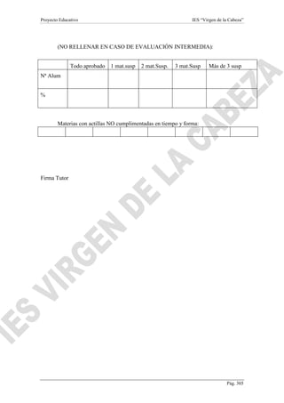 Proyecto Educativo

IES “Virgen de la Cabeza”

(NO RELLENAR EN CASO DE EVALUACIÓN INTERMEDIA):
Todo aprobado

1 mat.susp

2 mat.Susp.

3 mat.Susp

Más de 3 susp

Nª Alum
%

Materias con actillas NO cumplimentadas en tiempo y forma:

Firma Tutor

Pág. 305

 