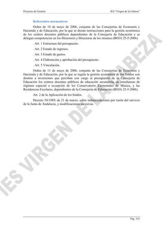 Proyecto de Gestión

IES “Virgen de la Cabeza”

Referentes normativos
Orden de 10 de mayo de 2006, conjunta de las Consejerías de Economía y
Hacienda y de Educación, por la que se dictan instrucciones para la gestión económica
de los centros docentes públicos dependientes de la Consejería de Educación y se
delegan competencias en los Directores y Directoras de los mismos (BOJA 25-5-2006).
. Art. 1 Estructura del presupuesto.
. Art. 2 Estado de ingresos.
. Art. 3 Estado de gastos.
. Art. 4 Elaboración y aprobación del presupuesto.
. Art. 5 Vinculación.
Orden de 11 de mayo de 2006, conjunta de las Consejerías de Economía y
Hacienda y de Educación, por la que se regula la gestión económica de los fondos con
destino a inversiones que perciban con cargo al presupuesto de la Consejería de
Educación los centros docentes públicos de educación secundaria, de enseñanzas de
régimen especial a excepción de los Conservatorio Elementales de Música, y las
Residencias Escolares, dependientes de la Consejería de Educación (BOJA 25-5-2006).
Art. 2 de la Aplicación de los fondos.
Decreto 54/1989, de 21 de marzo, sobre indemnizaciones por razón del servicio
de la Junta de Andalucía, y modificaciones sucesivas.

Pág. 332

 