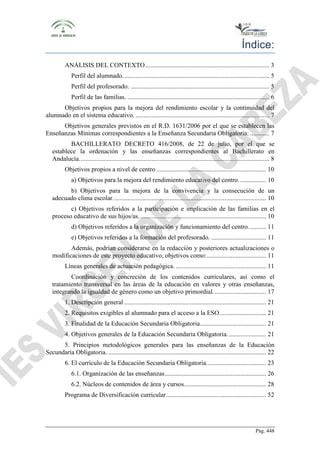 Índice:
ANÁLISIS DEL CONTEXTO ............................................................................. 3
Perfil del alumnado. .......................................................................................... 5
Perfil del profesorado. ...................................................................................... 5
Perfil de las familias. ........................................................................................ 6
Objetivos propios para la mejora del rendimiento escolar y la continuidad del
alumnado en el sistema educativo. ................................................................................... 7
Objetivos generales previstos en el R.D. 1631/2006 por el que se establecen las
Enseñanzas Mínimas correspondientes a la Enseñanza Secundaria Obligatoria: ............ 7
BACHILLERATO DECRETO 416/2008, de 22 de julio, por el que se
establece la ordenación y las enseñanzas correspondientes al Bachillerato en
Andalucía. ..................................................................................................................... 8
Objetivos propios a nivel de centro .................................................................... 10
a) Objetivos para la mejora del rendimiento educativo del centro. ................ 10
b) Objetivos para la mejora de la convivencia y la consecución de un
adecuado clima escolar. .............................................................................................. 10
c) Objetivos referidos a la participación e implicación de las familias en el
proceso educativo de sus hijos/as. .............................................................................. 10
d) Objetivos referidos a la organización y funcionamiento del centro. .......... 11
e) Objetivos referidos a la formación del profesorado. .................................. 11
Además, podrían considerarse en la redacción y posteriores actualizaciones o
modificaciones de este proyecto educativo, objetivos como:..................................... 11
Líneas generales de actuación pedagógica. ........................................................ 11
Coordinación y concreción de los contenidos curriculares, así como el
tratamiento transversal en las áreas de la educación en valores y otras enseñanzas,
integrando la igualdad de género como un objetivo primordial. ................................ 17
1. Descripción general ........................................................................................ 21
2. Requisitos exigibles al alumnado para el acceso a la ESO. ............................ 21
3. Finalidad de la Educación Secundaria Obligatoria. ........................................ 21
4. Objetivos generales de la Educación Secundaria Obligatoria. ....................... 21
5. Principios metodológicos generales para las enseñanzas de la Educación
Secundaria Obligatoria. .................................................................................................. 22
6. El currículo de la Educación Secundaria Obligatoria. .................................... 23
6.1. Organización de las enseñanzas ............................................................... 26
6.2. Núcleos de contenidos de área y cursos................................................... 28
Programa de Diversificación curricular .............................................................. 52

Pág. 448

 