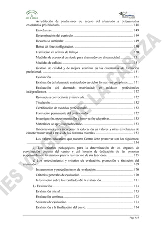 Acreditación de condiciones de acceso del alumnado a determinadas
enseñanzas profesionales. ......................................................................................... 148
Enseñanzas. ................................................................................................... 149
Determinación del currículo. ........................................................................ 149
Desarrollo curricular. .................................................................................... 149
Horas de libre configuración. ....................................................................... 150
Formación en centros de trabajo. .................................................................. 150
Medidas de acceso al currículo para alumnado con discapacidad. ............... 151
Medidas de calidad. ...................................................................................... 151
Gestión de calidad y de mejora continua en las enseñanzas de formación
profesional. ............................................................................................................... 151
Evaluación. ................................................................................................... 151
Evaluación del alumnado matriculado en ciclos formativos completos. ...... 151
Evaluación del alumnado matriculado en módulos profesionales
independientes. ......................................................................................................... 152
Renuncia a convocatoria y matrícula. ........................................................... 152
Titulación. ..................................................................................................... 152
Certificación de módulos profesionales. ....................................................... 152
Formación permanente del profesorado. ...................................................... 152
Investigación, experimentación e innovación educativas. ............................ 153
Materiales de apoyo al profesorado. ............................................................. 153
Orientaciones para incorporar la educación en valores y otras enseñanzas de
carácter transversal a través de las distintas materias. .............................................. 153
Los valores educativos que nuestro Centro debe promover son los siguientes:
.................................................................................................................................. 154
d) Los criterios pedagógicos para la determinación de los órganos de
coordinación docente del centro y del horario de dedicación de las personas
responsables de los mismos para la realización de sus funciones. ............................... 155
e) Los procedimientos y criterios de evaluación, promoción y titulación del
alumnado. ..................................................................................................................... 169
Instrumentos y procedimientos de evaluación:............................................. 170
Criterios generales de evaluación. ................................................................ 170
Información sobre los resultados de la evaluación ....................................... 171
1.- Evaluación ................................................................................................... 173
Evaluación inicial. ........................................................................................ 173
Evaluación continua. ..................................................................................... 173
Sesiones de evaluación. ................................................................................ 173
Evaluación a la finalización del curso. ......................................................... 174
Pág. 453

 