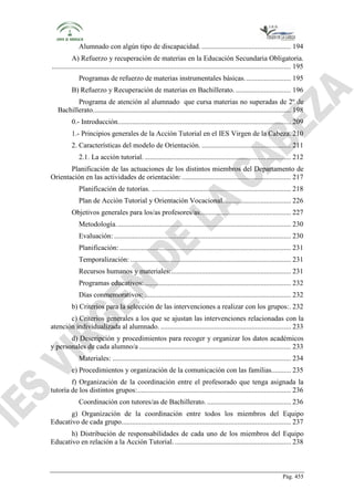 Alumnado con algún tipo de discapacidad. .................................................. 194
A) Refuerzo y recuperación de materias en la Educación Secundaria Obligatoria.
...................................................................................................................................... 195
Programas de refuerzo de materias instrumentales básicas. ......................... 195
B) Refuerzo y Recuperación de materias en Bachillerato. ............................... 196
Programa de atención al alumnado que cursa materias no superadas de 2º de
Bachillerato. .............................................................................................................. 198
0.- Introducción. ................................................................................................ 209
1.- Principios generales de la Acción Tutorial en el IES Virgen de la Cabeza. 210
2. Características del modelo de Orientación. .................................................. 211
2.1. La acción tutorial. .................................................................................. 212
Planificación de las actuaciones de los distintos miembros del Departamento de
Orientación en las actividades de orientación: ............................................................. 217
Planificación de tutorías. .............................................................................. 218
Plan de Acción Tutorial y Orientación Vocacional. ..................................... 226
Objetivos generales para los/as profesores/as................................................... 227
Metodología. ................................................................................................. 230
Evaluación: ................................................................................................... 230
Planificación: ................................................................................................ 231
Temporalización: .......................................................................................... 231
Recursos humanos y materiales: ................................................................... 231
Programas educativos: .................................................................................. 232
Días conmemorativos: .................................................................................. 232
b) Criterios para la selección de las intervenciones a realizar con los grupos: . 232
c) Criterios generales a los que se ajustan las intervenciones relacionadas con la
atención individualizada al alumnado. ......................................................................... 233
d) Descripción y procedimientos para recoger y organizar los datos académicos
y personales de cada alumno/a ..................................................................................... 233
Materiales: .................................................................................................... 234
e) Procedimientos y organización de la comunicación con las familias........... 235
f) Organización de la coordinación entre el profesorado que tenga asignada la
tutoría de los distintos grupos: ...................................................................................... 236
Coordinación con tutores/as de Bachillerato. ............................................... 236
g) Organización de la coordinación entre todos los miembros del Equipo
Educativo de cada grupo............................................................................................... 237
h) Distribución de responsabilidades de cada uno de los miembros del Equipo
Educativo en relación a la Acción Tutorial. ................................................................. 238

Pág. 455

 