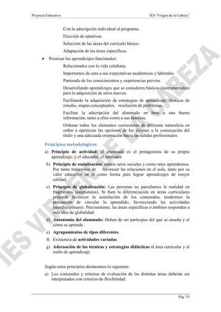 Proyecto Educativo

IES “Virgen de la Cabeza”

Con la adscripción individual al programa.
Elección de optativas.
Selección de las áreas del currículo básico.
Adaptación de las áreas específicas.
•

Priorizar los aprendizajes funcionales:
Relacionados con la vida cotidiana.
Importantes de cara a sus expectativas académicas y laborales.
Partiendo de los conocimientos y experiencias previos.
Desarrollando aprendizajes que se consideren básicos (instrumentales)
para la adquisición de otros nuevos.
Facilitando la adquisición de estrategias de aprendizaje, técnicas de
estudio, mapas conceptuales, resolución de problemas...
Facilitar la adscripción del alumnado en base a una buena
información, tanto a ellos como a sus familias.
Ordenar todos los elementos curriculares de diferente naturaleza en
orden a optimizar las opciones de los jóvenes a la consecución del
título y una adecuada orientación hacia las salidas profesionales.
Principios metodológicos
a) Principio de actividad: el alumnado es el protagonista de su propio
aprendizaje; y el educador, el mediador.
b) Principio de socialización: somos seres sociales y como tales aprendemos.
Por tanto trataremos de favorecer las relaciones en el aula, tanto por su
valor educativo en sí como forma para lograr aprendizajes de mayor
calidad.
c) Principio de globalización: Las personas no parcelamos la realidad en
fragmentos (asignaturas). Si bien la diferenciación en áreas curriculares
pretende favorecer la asimilación de los contenidos, tendremos la
precaución de vincular lo aprendido, favoreciendo las actividades
interdisciplinares. Precisamente, las áreas específicas o ámbitos responden a
esta idea de globalidad.
d) Autonomía del alumnado: Deben de ser partícipes del qué se enseña y el
cómo se aprende.
e) Agrupamientos de tipos diferentes.
f) Existencia de actividades variadas.
g) Adecuación de las técnicas y estrategias didácticas al área curricular y al
estilo de aprendizaje.
Según estos principios destacamos lo siguiente:
a) Los contenidos y criterios de evaluación de las distintas áreas deberán ser
interpretados con criterios de flexibilidad.

Pág. 55

 