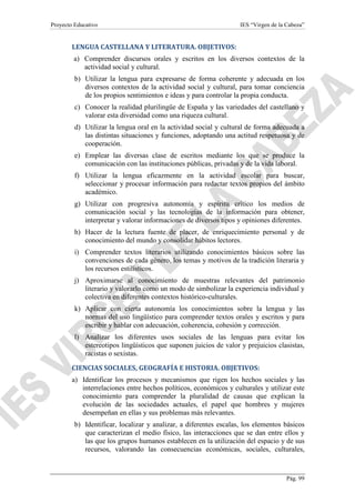 Proyecto Educativo

IES “Virgen de la Cabeza”

LENGUA CASTELLANA Y LITERATURA. OBJETIVOS:
a) Comprender discursos orales y escritos en los diversos contextos de la
actividad social y cultural.
b) Utilizar la lengua para expresarse de forma coherente y adecuada en los
diversos contextos de la actividad social y cultural, para tomar conciencia
de los propios sentimientos e ideas y para controlar la propia conducta.
c) Conocer la realidad plurilingüe de España y las variedades del castellano y
valorar esta diversidad como una riqueza cultural.
d) Utilizar la lengua oral en la actividad social y cultural de forma adecuada a
las distintas situaciones y funciones, adoptando una actitud respetuosa y de
cooperación.
e) Emplear las diversas clase de escritos mediante los que se produce la
comunicación con las instituciones públicas, privadas y de la vida laboral.
f) Utilizar la lengua eficazmente en la actividad escolar para buscar,
seleccionar y procesar información para redactar textos propios del ámbito
académico.
g) Utilizar con progresiva autonomía y espíritu crítico los medios de
comunicación social y las tecnologías de la información para obtener,
interpretar y valorar informaciones de diversos tipos y opiniones diferentes.
h) Hacer de la lectura fuente de placer, de enriquecimiento personal y de
conocimiento del mundo y consolidar hábitos lectores.
i) Comprender textos literarios utilizando conocimientos básicos sobre las
convenciones de cada género, los temas y motivos de la tradición literaria y
los recursos estilísticos.
j) Aproximarse al conocimiento de muestras relevantes del patrimonio
literario y valorarlo como un modo de simbolizar la experiencia individual y
colectiva en diferentes contextos histórico-culturales.
k) Aplicar con cierta autonomía los conocimientos sobre la lengua y las
normas del uso lingüístico para comprender textos orales y escritos y para
escribir y hablar con adecuación, coherencia, cohesión y corrección.
l) Analizar los diferentes usos sociales de las lenguas para evitar los
estereotipos lingüísticos que suponen juicios de valor y prejuicios clasistas,
racistas o sexistas.
CIENCIAS SOCIALES, GEOGRAFÍA E HISTORIA. OBJETIVOS:
a) Identificar los procesos y mecanismos que rigen los hechos sociales y las
interrelaciones entre hechos políticos, económicos y culturales y utilizar este
conocimiento para comprender la pluralidad de causas que explican la
evolución de las sociedades actuales, el papel que hombres y mujeres
desempeñan en ellas y sus problemas más relevantes.
b) Identificar, localizar y analizar, a diferentes escalas, los elementos básicos
que caracterizan el medio físico, las interacciones que se dan entre ellos y
las que los grupos humanos establecen en la utilización del espacio y de sus
recursos, valorando las consecuencias económicas, sociales, culturales,

Pág. 99

 