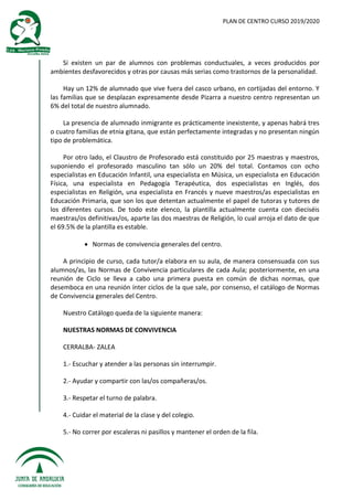PLAN DE CENTRO CURSO 2019/2020
Sí existen un par de alumnos con problemas conductuales, a veces producidos por
ambientes desfavorecidos y otras por causas más serias como trastornos de la personalidad.
Hay un 12% de alumnado que vive fuera del casco urbano, en cortijadas del entorno. Y
las familias que se desplazan expresamente desde Pizarra a nuestro centro representan un
6% del total de nuestro alumnado.
La presencia de alumnado inmigrante es prácticamente inexistente, y apenas habrá tres
o cuatro familias de etnia gitana, que están perfectamente integradas y no presentan ningún
tipo de problemática.
Por otro lado, el Claustro de Profesorado está constituido por 25 maestras y maestros,
suponiendo el profesorado masculino tan sólo un 20% del total. Contamos con ocho
especialistas en Educación Infantil, una especialista en Música, un especialista en Educación
Física, una especialista en Pedagogía Terapéutica, dos especialistas en Inglés, dos
especialistas en Religión, una especialista en Francés y nueve maestros/as especialistas en
Educación Primaria, que son los que detentan actualmente el papel de tutoras y tutores de
los diferentes cursos. De todo este elenco, la plantilla actualmente cuenta con dieciséis
maestras/os definitivas/os, aparte las dos maestras de Religión, lo cual arroja el dato de que
el 69.5% de la plantilla es estable.
 Normas de convivencia generales del centro.
A principio de curso, cada tutor/a elabora en su aula, de manera consensuada con sus
alumnos/as, las Normas de Convivencia particulares de cada Aula; posteriormente, en una
reunión de Ciclo se lleva a cabo una primera puesta en común de dichas normas, que
desemboca en una reunión ínter ciclos de la que sale, por consenso, el catálogo de Normas
de Convivencia generales del Centro.
Nuestro Catálogo queda de la siguiente manera:
NUESTRAS NORMAS DE CONVIVENCIA
CERRALBA- ZALEA
1.- Escuchar y atender a las personas sin interrumpir.
2.- Ayudar y compartir con las/os compañeras/os.
3.- Respetar el turno de palabra.
4.- Cuidar el material de la clase y del colegio.
5.- No correr por escaleras ni pasillos y mantener el orden de la fila.
 