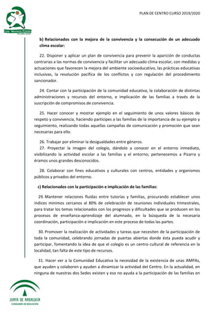 PLAN DE CENTRO CURSO 2019/2020
b) Relacionados con la mejora de la convivencia y la consecución de un adecuado
clima escolar:
22. Disponer y aplicar un plan de convivencia para prevenir la aparición de conductas
contrarias a las normas de convivencia y facilitar un adecuado clima escolar, con medidas y
actuaciones que favorecen la mejora del ambiente socioeducativo, las prácticas educativas
inclusivas, la resolución pacífica de los conflictos y con regulación del procedimiento
sancionador.
24. Contar con la participación de la comunidad educativa, la colaboración de distintas
administraciones y recursos del entorno, e implicación de las familias a través de la
suscripción de compromisos de convivencia.
25. Hacer conocer y mostrar ejemplo en el seguimiento de unos valores básicos de
respeto y convivencia, haciendo partícipes a las familias de la importancia de su ejemplo y
seguimiento, realizando todas aquellas campañas de comunicación y promoción que sean
necesarias para ello.
26. Trabajar por eliminar la desigualdades entre géneros.
27. Proyectar la imagen del colegio, dándolo a conocer en el entorno inmediato,
visibilizando la actividad escolar a las familias y el entorno; pertenecemos a Pizarra y
éramos unos grandes desconocidos.
28. Colaborar con fines educativos y culturales con centros, entidades y organismos
públicos y privados del entorno.
c) Relacionados con la participación e implicación de las familias:
29. Mantener relaciones fluidas entre tutorías y familias, procurando establecer unos
índices mínimos cercanos al 80% de celebración de reuniones individuales trimestrales,
para tratar los temas relacionados con los progresos y dificultades que se producen en los
procesos de enseñanza-aprendizaje del alumnado, en la búsqueda de la necesaria
coordinación, participación e implicación en este proceso de todas las partes.
30. Promover la realización de actividades y tareas que necesiten de la participación de
toda la comunidad, celebrando jornadas de puertas abiertas donde ésta pueda acudir y
participar, fomentando la idea de que el colegio es un centro cultural de referencia en la
localidad, tan falta de este tipo de recursos.
31. Hacer ver a la Comunidad Educativa la necesidad de la existencia de unas AMPAs,
que ayuden y colaboren y ayuden a dinamizar la actividad del Centro. En la actualidad, en
ninguna de nuestras dos Sedes existen y eso no ayuda a la participación de las familias en
 