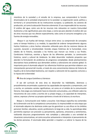 PLAN DE CENTRO CURSO 2019/2020
miembros de la sociedad y el estudio de la empresa, que comprenderá la función
dinamizadora de la actividad empresarial en la sociedad. La organización social, política y
territorial y el conocimiento de las instituciones europeas. La población, los sectores de
producción, así como la educación financiera elemental. El uso responsable de los recursos.
El análisis del agua, como uno de los recursos más relevantes en nuestra Comunidad
Autónoma y más significativos para esta etapa, y como eje para abordar el análisis del uso
de otros recursos que nos afectan especialmente, tales como el consumo energético y las
fuentes de energía renovables.
Bloque 4. Las huellas del tiempo. Incluye entre otros: La comprensión de conceptos
como el tiempo histórico y su medida, la capacidad de ordenar temporalmente algunos
hechos históricos y otros hechos relevantes utilizando para ello las nociones básicas de
sucesión, duración y simultaneidad. Grandes etapas históricas de la humanidad, cinco
edades de la historia, asociadas a los hechos que marcan sus inicios y sus finales.
Condiciones históricas, eventos y figuras de los diferentes periodos. La construcción
histórica, social y cultural de Andalucía. Se debe desarrollar mediante proyectos que
aborden la formulación de problemas de progresiva complejidad, desde planteamientos
descriptivos hacia problemas que demanden análisis y valoraciones de carácter global. Es
importante para el alumnado adquirir las referencias históricas que permitan elaborar una
interpretación personal del mundo, a través de unos conocimientos básicos de historia de
España y de la Comunidad Autónoma, con respeto y valoración de los aspectos comunes y
la riqueza de la diversidad.
Área de Lengua Castellana y Literatura
El eje del currículo de esta área es desarrollar las habilidades, destrezas y
procedimientos encaminados a potenciar las capacidades de expresión y comprensión, oral
y escrita, en contextos sociales significativos, así como en el ámbito de la comunicación
literaria. Esto exige una motivación hacia la intención comunicativa, una reflexión sobre los
mecanismos de usos orales y escritos de su propia lengua, y la capacidad de interpretar,
valorar, expresar y formar sus propias opiniones a través de la lectura y la escritura.
Bloque 1. Comunicación oral: hablar y escuchar. Este bloque especifica los contenidos
de la dimensión oral de la competencia comunicativa. Es imprescindible en esta etapa que
el alumnado adquiera las destrezas orales que les garanticen su uso eficaz en los ámbitos
personal, familiar, educativo, social y profesional a lo largo de su vida. Su aprendizaje debe
permitirles expresar con precisión su pensamiento, opiniones, emociones y sentimientos,
realizando discursos progresivamente más complejos y adecuados a una variedad de
situaciones comunicativas, así como escuchar activamente e interpretar el pensamiento de
las demás personas. El alumnado debe aprender a respetar y a valorar la riqueza de las
 